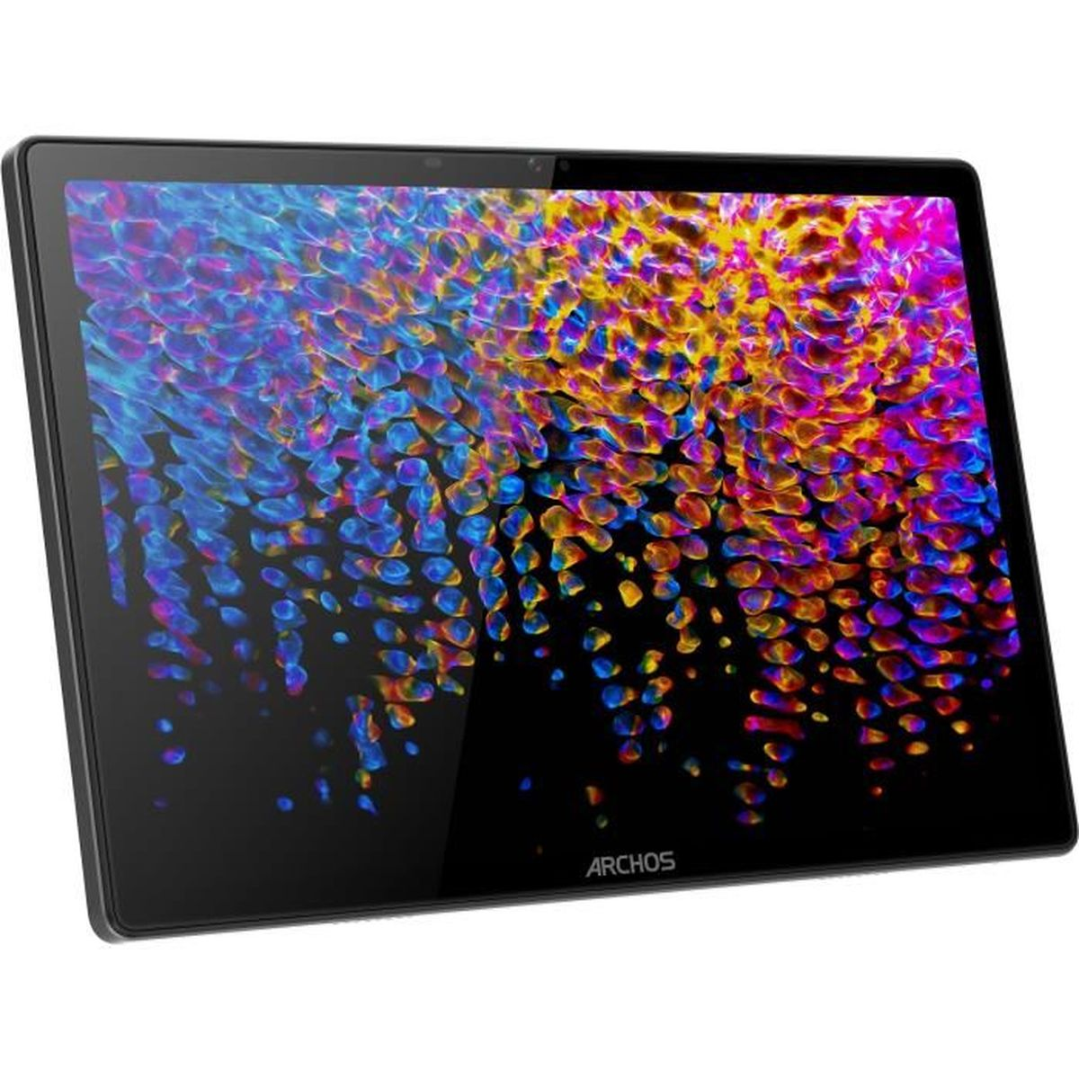 Tablet nero con un motivo astratto colorato sullo schermo. Il marchio ARCHOS è visibile in basso.