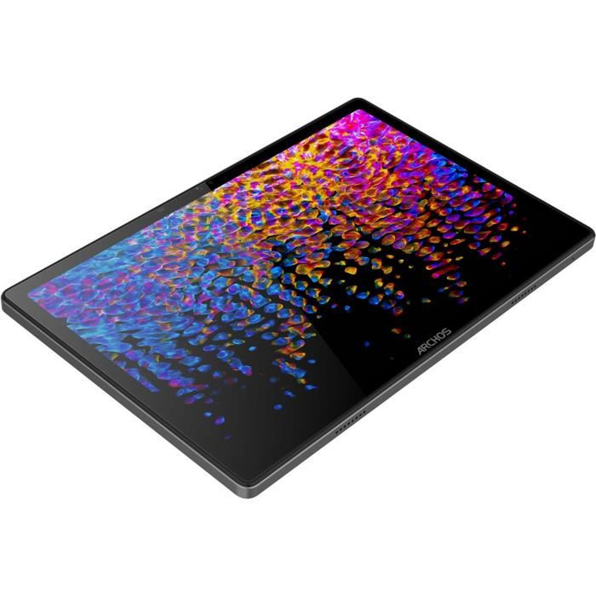 Un tablet che mostra un motivo astratto colorato. Il tablet è nero con il marchio ARCHOS visibile. Lo sfondo è bianco.