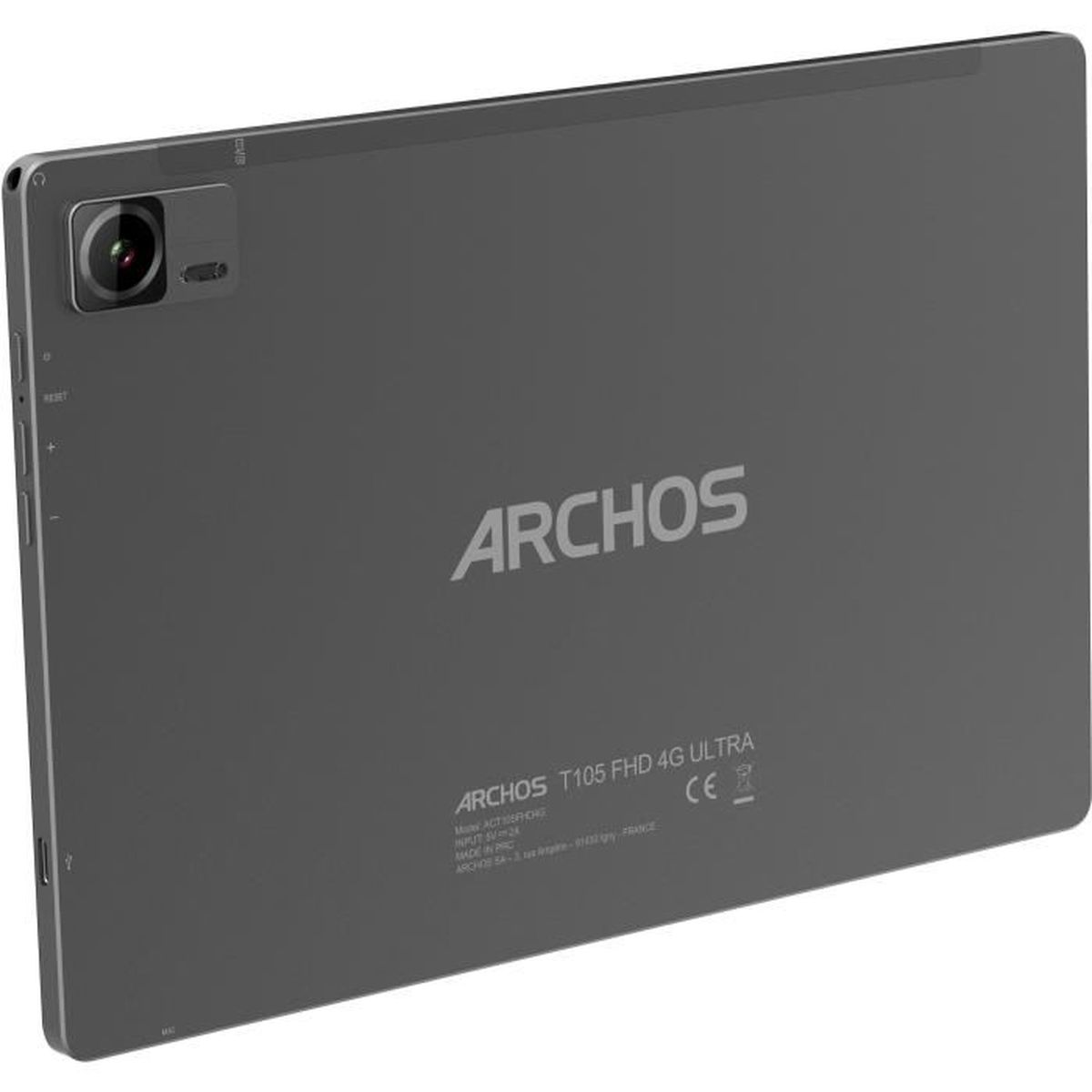 Retro tablet Archos grigio. Ha una fotocamera, il marchio e le informazioni sul modello stampate.