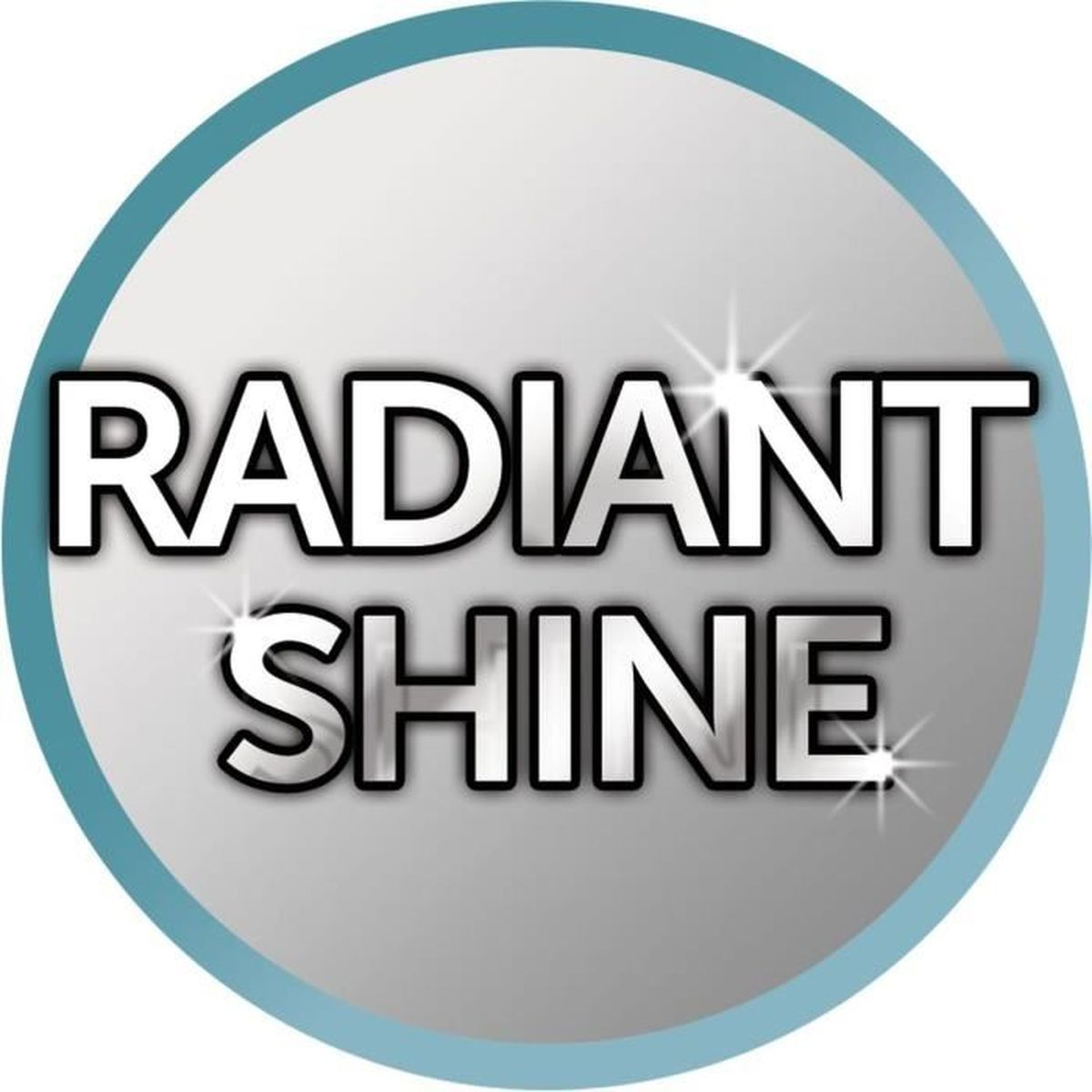 Logo z napisem „RADIANT SHINE” białymi literami. Znajduje się w srebrnym okręgu z niebieską obwódką i efektem rozbłysku gwiazd.