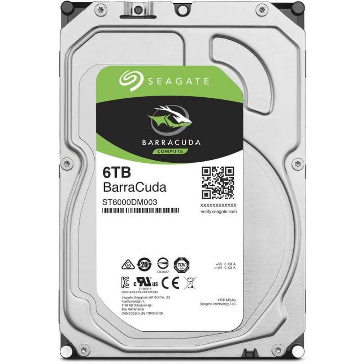 Dysk twardy Seagate Barracuda 6TB. Ma zielono-czarną etykietę z logo Seagate i Barracuda.