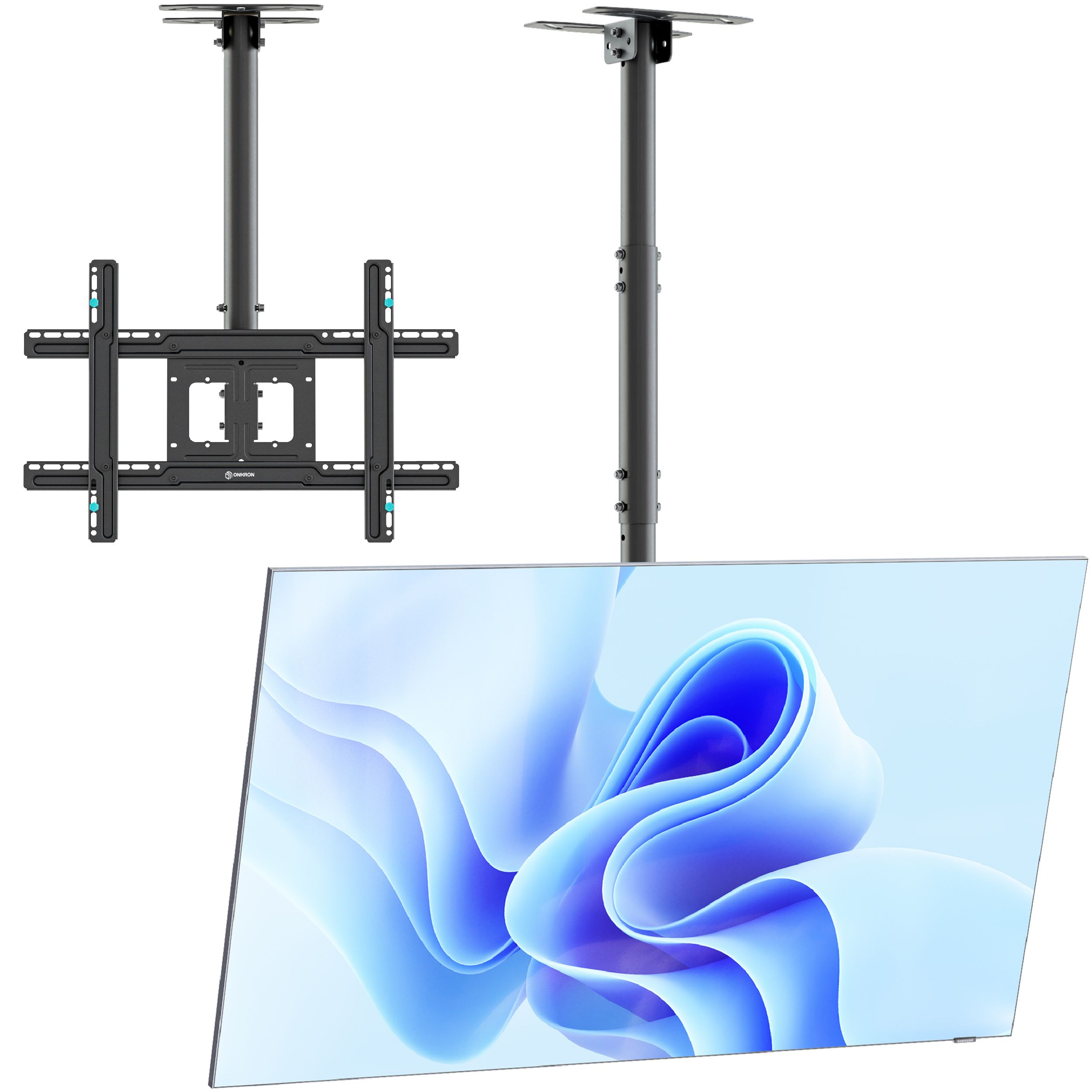 Eine Deckenhalterung für einen Fernseher mit großem Bildschirm und einem abstrakten blauen Design. Der Ständer ist schwarz, der Hintergrund weiß.
