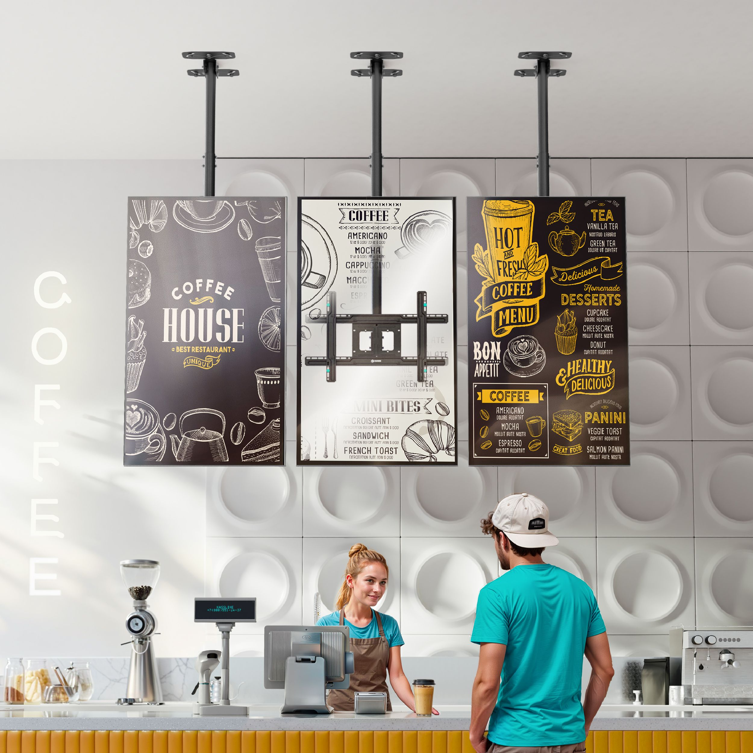 Kaffeehaus-Szene mit Menütafeln, Personal und einem Kunden. Enthält Kaffeemaschinen und eine Theke.
