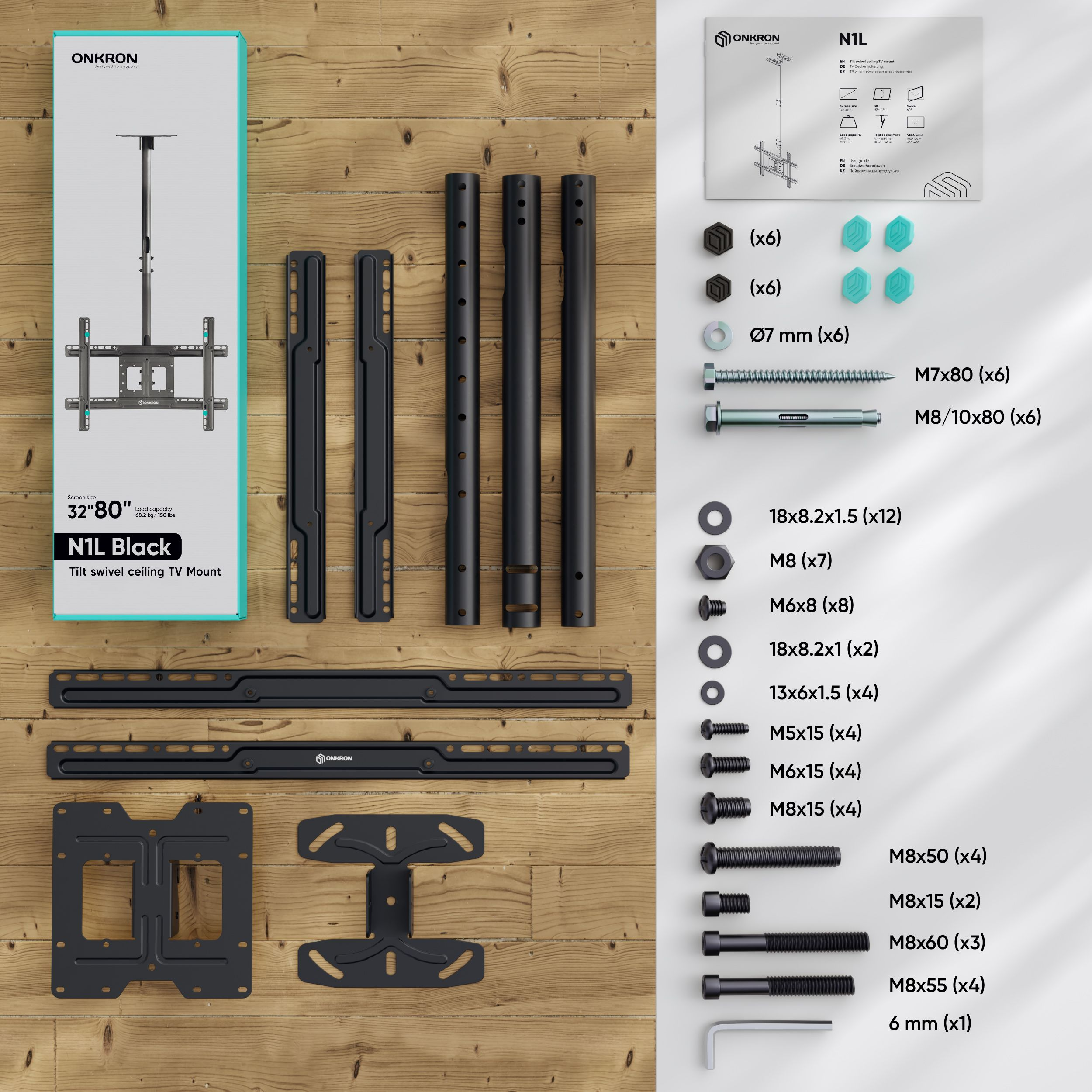 Das Bild zeigt ein TV-Halterungs-Kit mit verschiedenen Teilen: Halterungen, Schrauben und ein Diagramm. Das Kit ist schwarz und auf Holz.