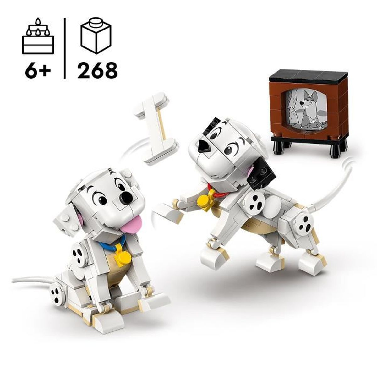 Bir televizyon ve aksesuarlarla birlikte Dalmaçyalı köpeklerin Lego seti. 6+ yaş aralığını ve 268 parça sayısını içerir.