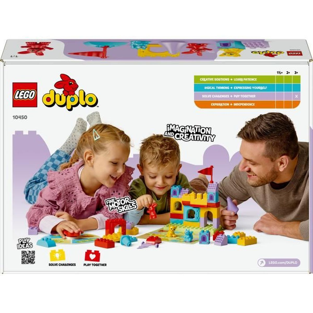 Pudełko Lego Duplo z zamkiem, dwójką dzieci i dorosłym, którzy je budują. Pudełko pokazuje logo Duplo i wspomina o pomysłach na zabawę.