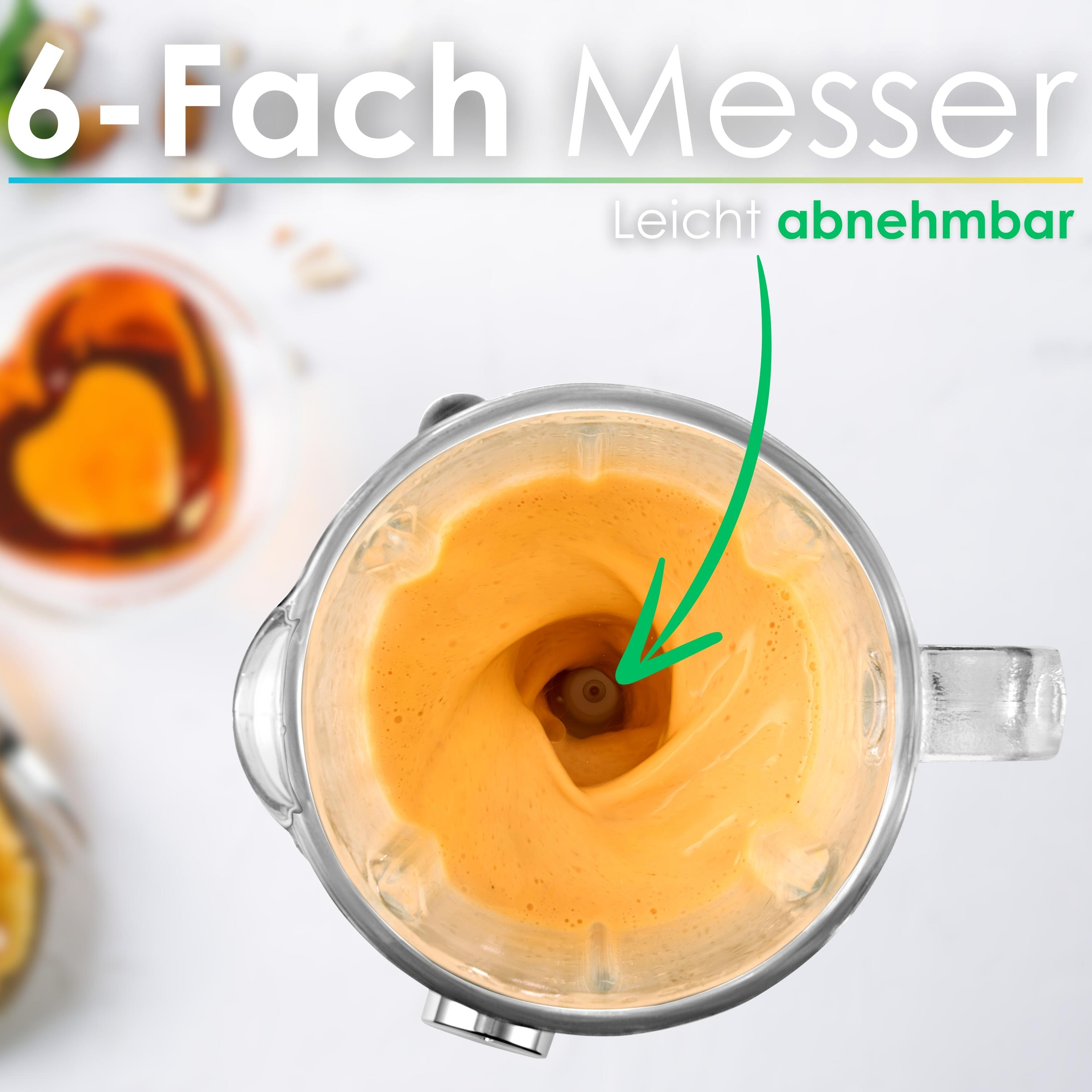 Ein Mixer mit orangefarbener Flüssigkeit wird von oben gezeigt. Ein grüner Pfeil zeigt auf die Klingen. Text: '6-Fach Messer'.