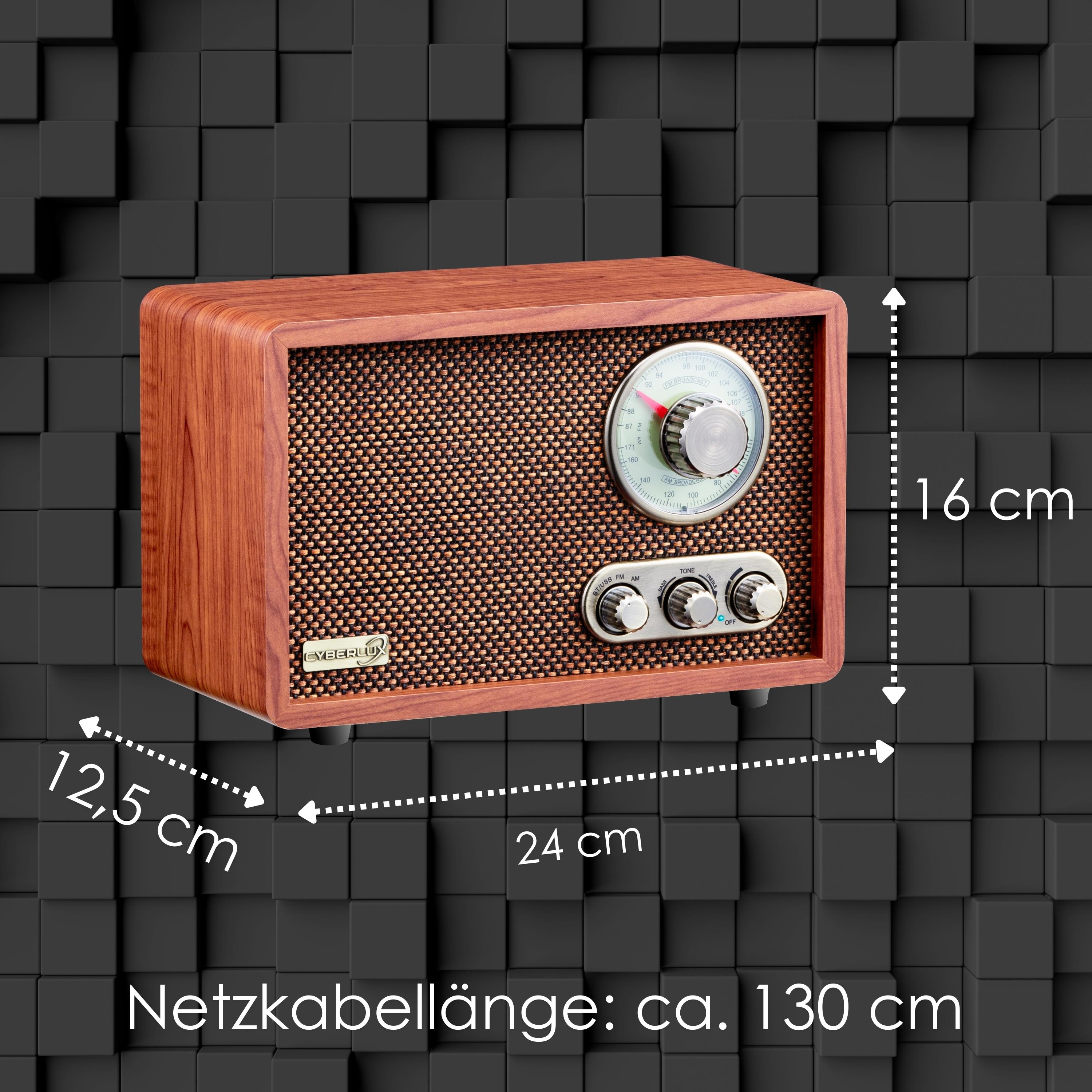 Ein Retro-Radio aus Holz mit brauner Lautsprecherabdeckung, schwarzen Knöpfen und einem Abstimmungsrad. Es steht vor schwarzem Hintergrund.