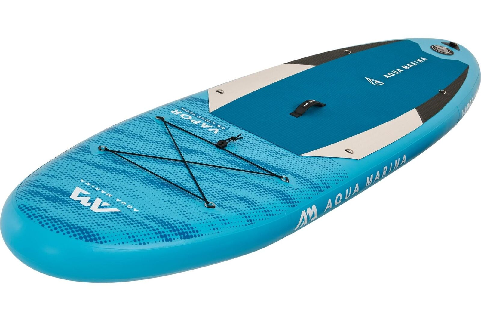 Ein blaues Aqua Marina Stand-Up-Paddleboard. Es hat schwarze Bungee-Kordeln, ein blaues Deckpad und den Markennamen.