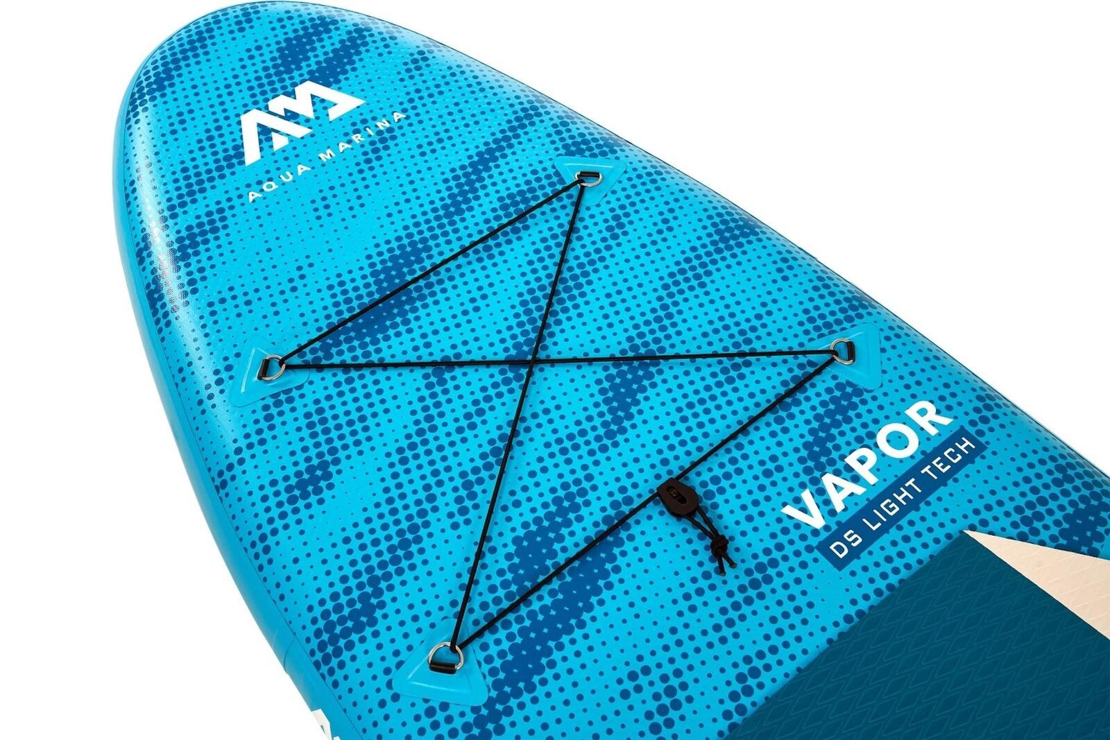 Ein blau-weißes Paddleboard. Es hat ein gepunktetes Muster, schwarze Kordeln und das Wort "VAPOR" ist sichtbar.
