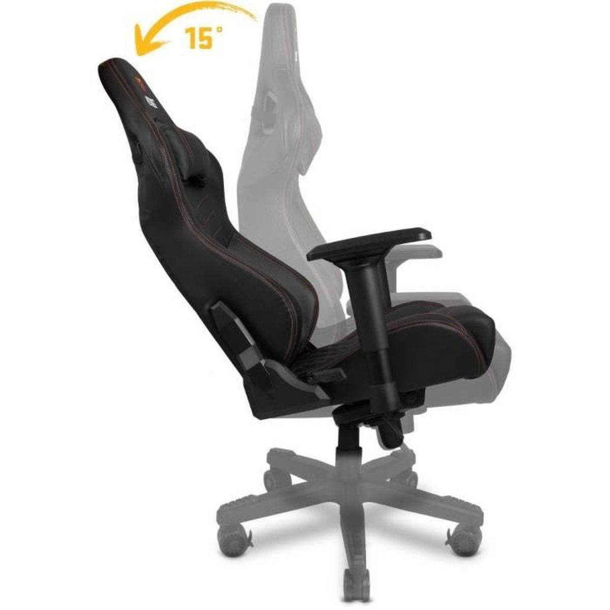 Schwarzer Gaming-Stuhl, um 15 Grad geneigt. Mit roten Nähten, Armlehnen und einem Fünf-Sterne-Fuß mit Rollen. Ein transparentes Geisterbild ist sichtbar.