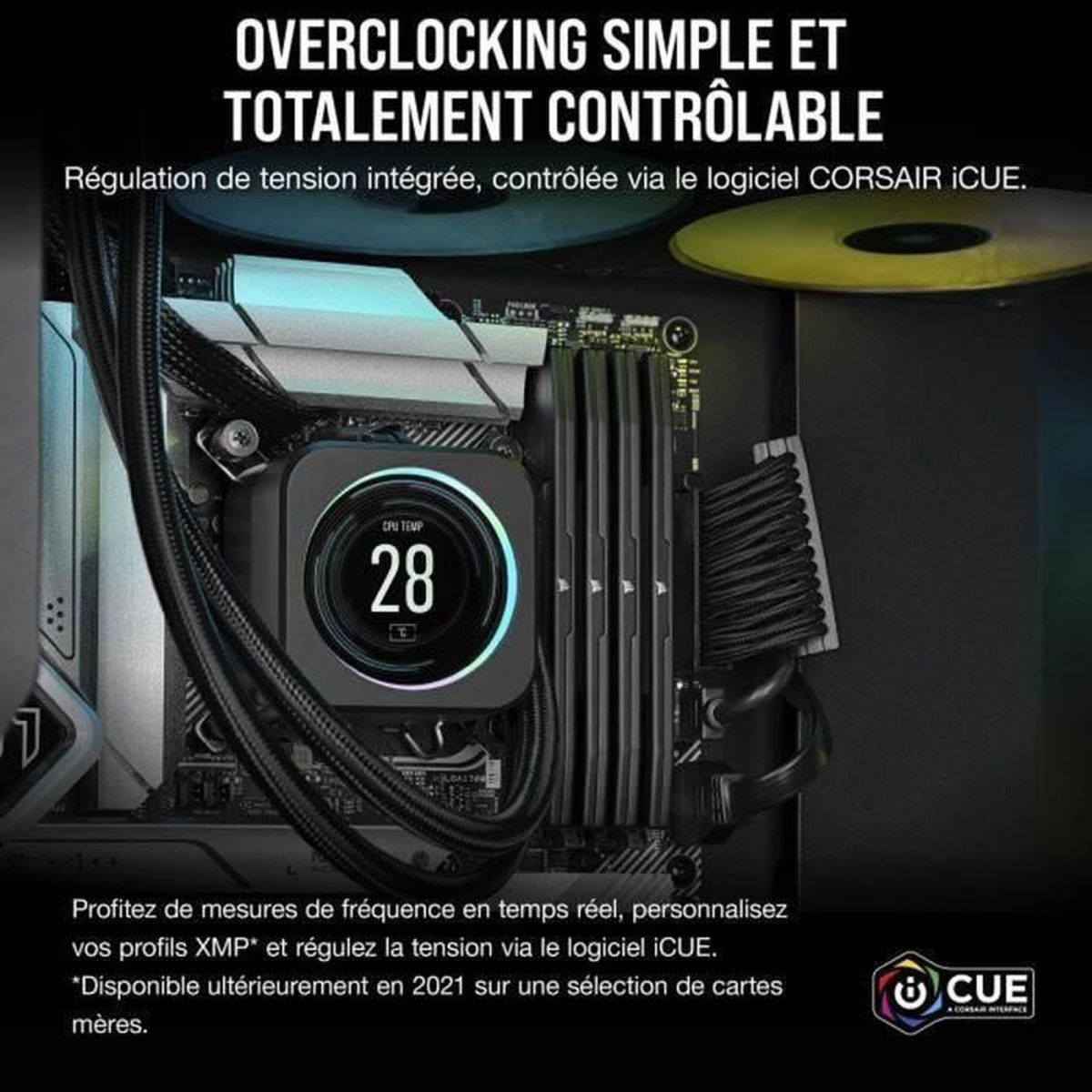 Komponent komputera PC pokazujący temperaturę procesora 28 stopni. Tekst brzmi "OVERCLOCKING SIMPLE ET TOTALEMENT CONTRÔLABLE."