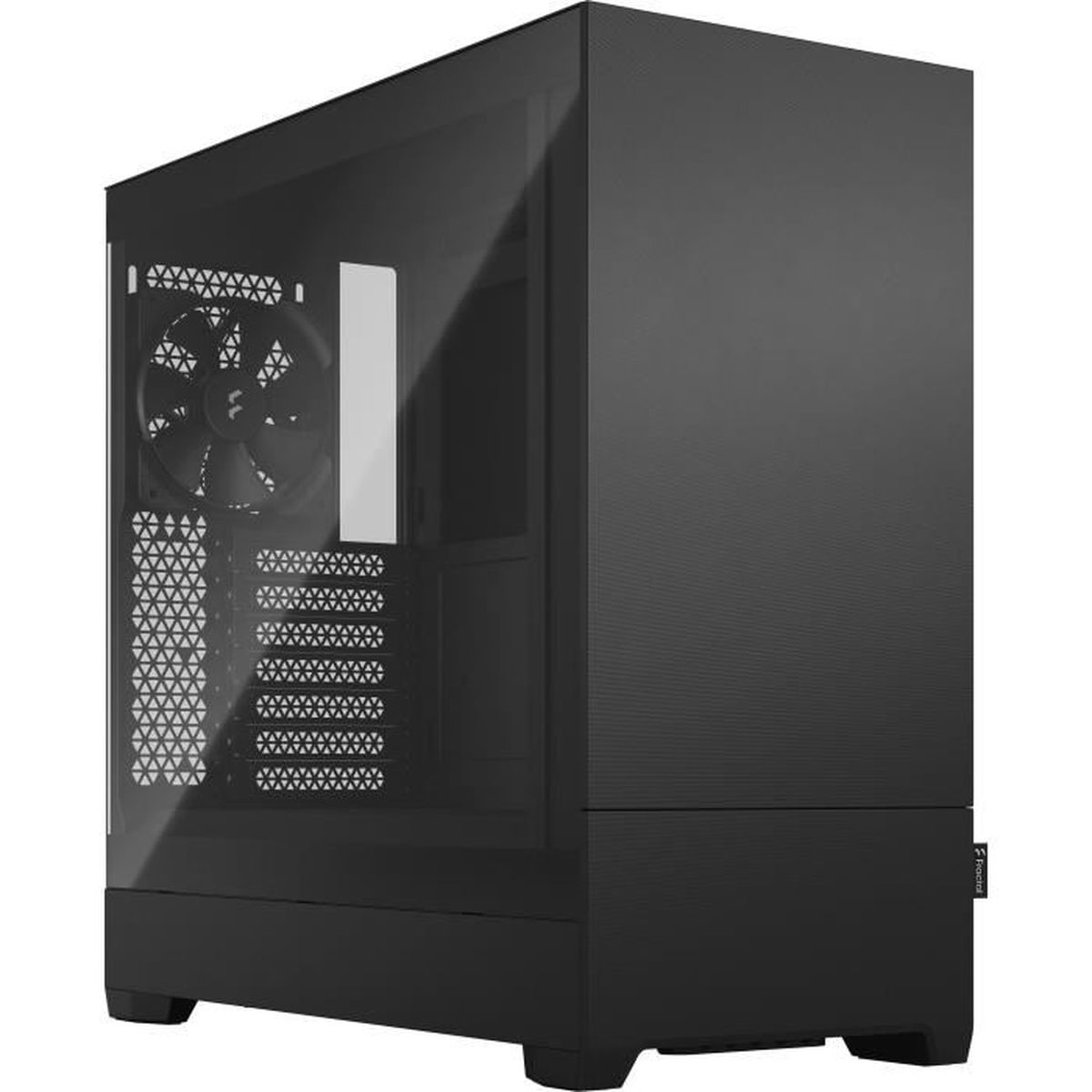 A black computer case with a glass side panel. A fan is visible inside. The case has a textured front and sits on small feet.