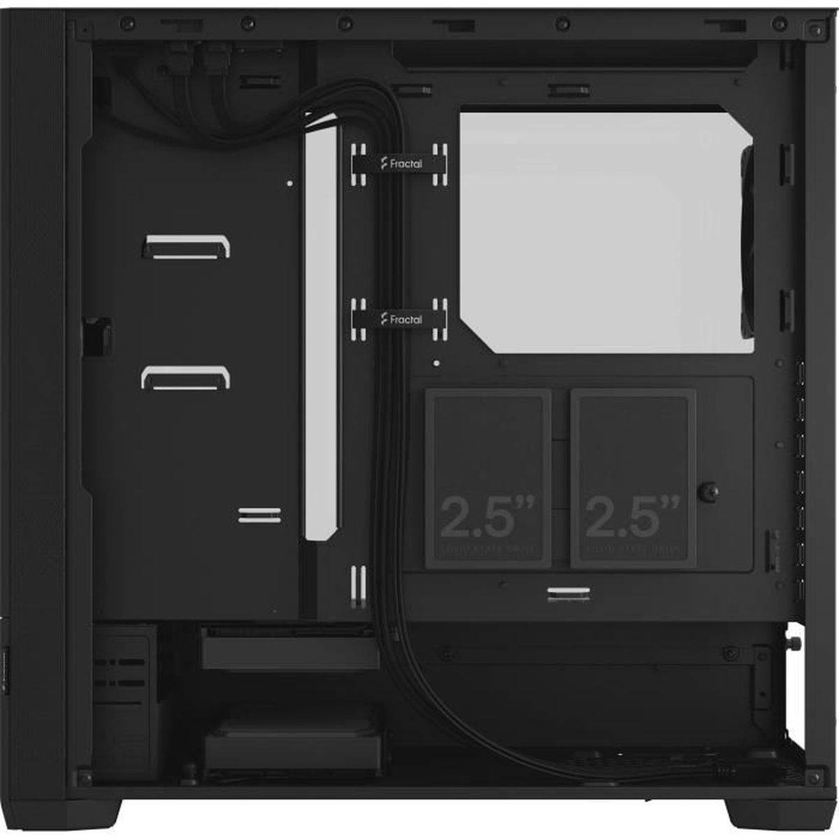Inside of a black computer case. Cables, two 2.5" SSD slots, and a clear side panel are visible.