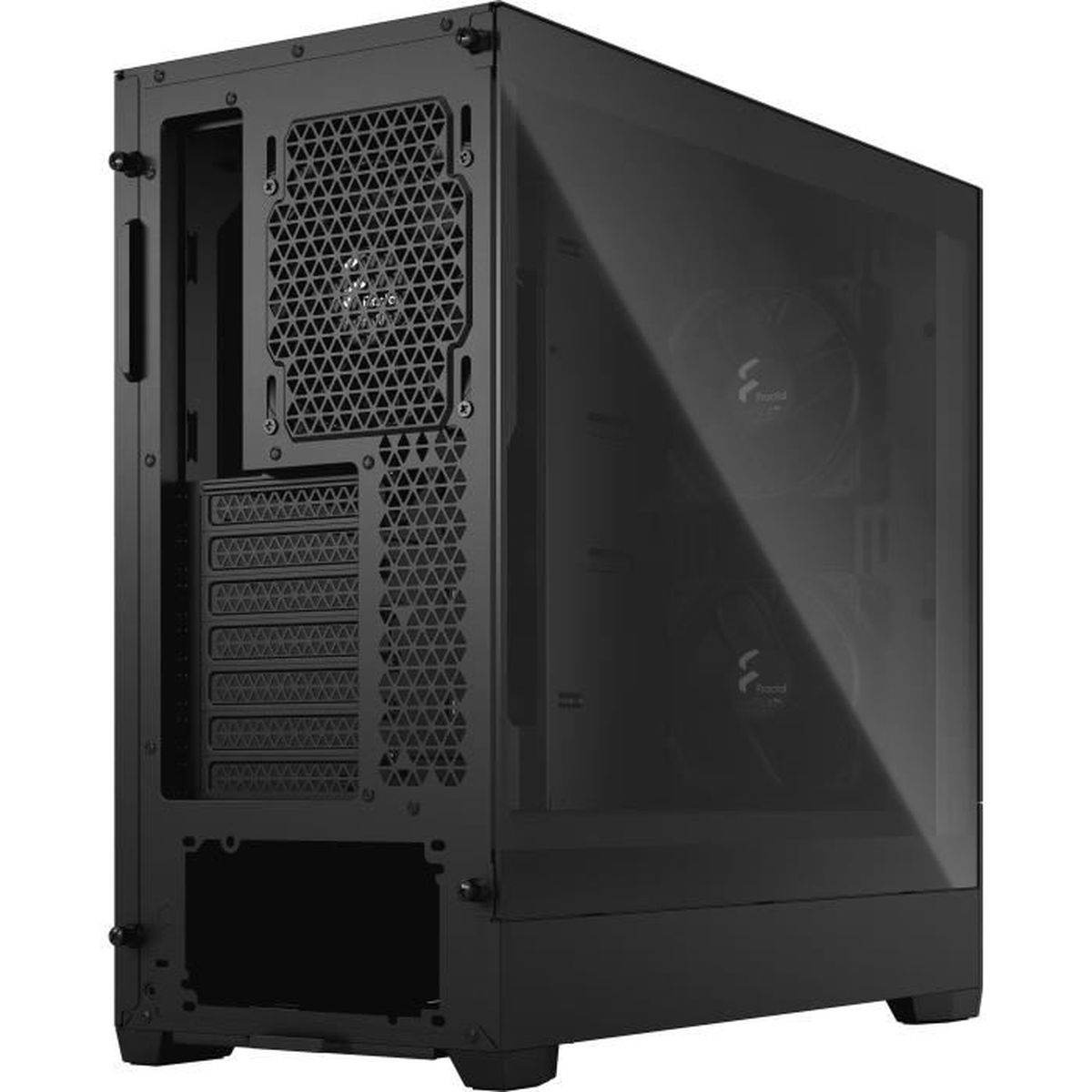 Black computer case with a glass side panel, showing internal components. The front has geometric ventilation patterns.