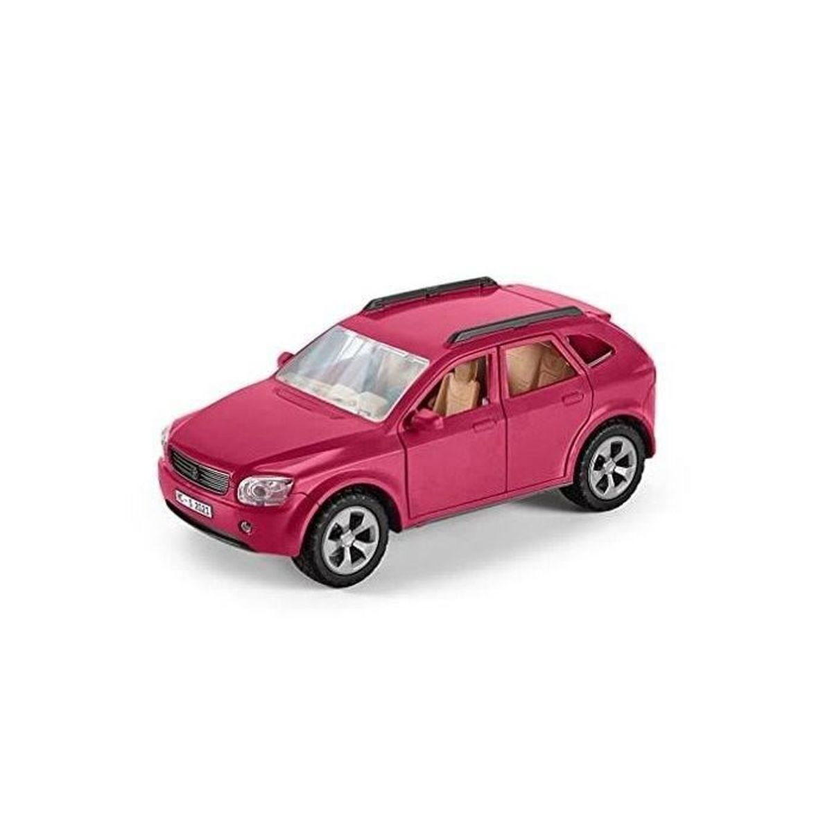 Ein magentafarbenes Spielzeugauto mit schwarzen Dachgepäckträgern und grauen Rädern auf weißem Hintergrund.