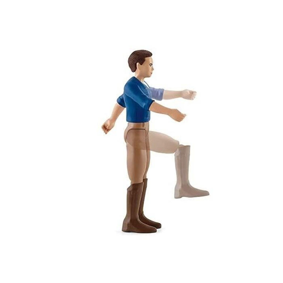 Eine Figur einer Person in Reitkleidung. Sie zeigt eine Figur in einem blauen Hemd, braunen Stiefeln und beigefarbenen Hosen in Gehpose.