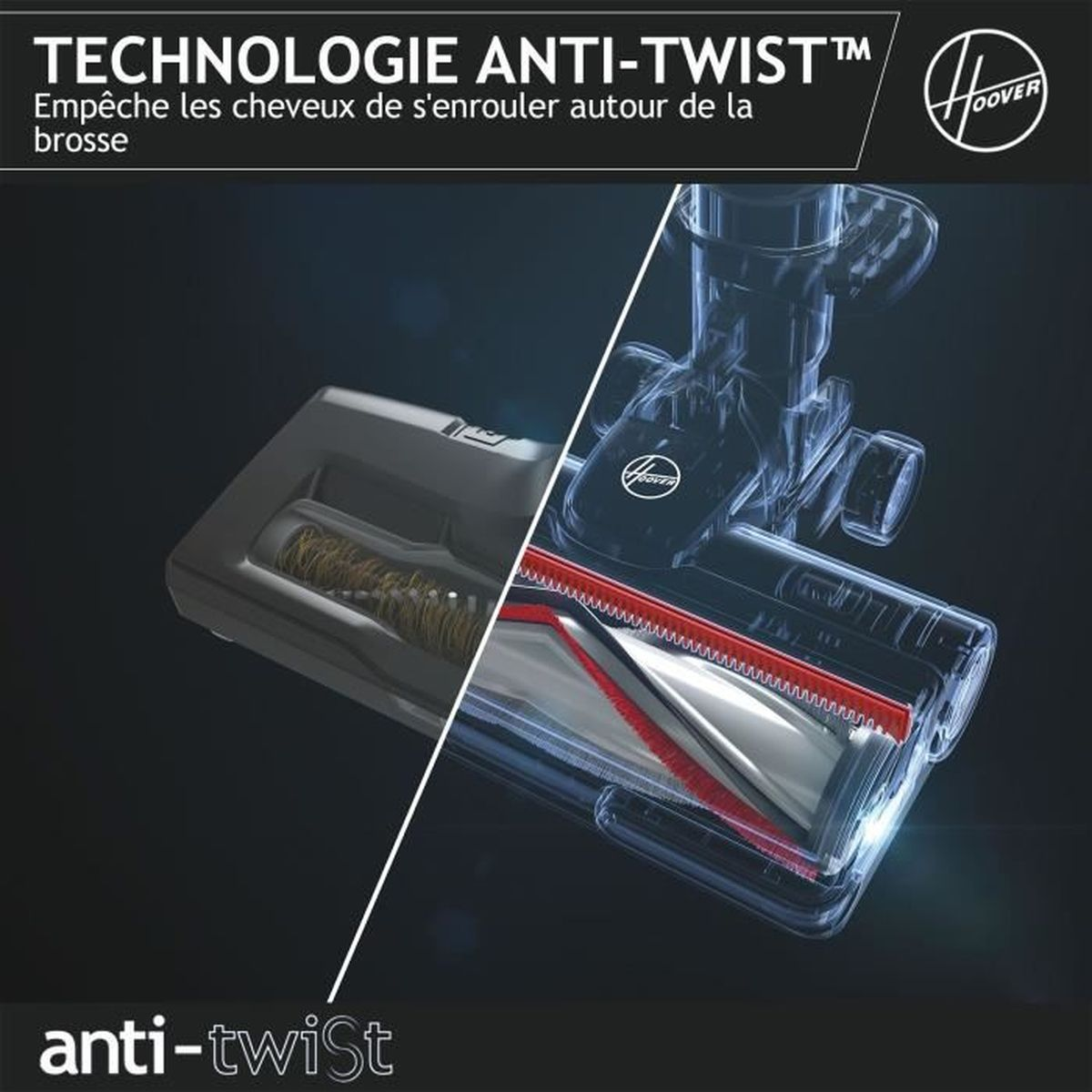 Das Bild zeigt einen Staubsaugerkopf mit Anti-Torsions-Technologie. Es hat ein transparentes Design. Das Hoover-Logo ist sichtbar.