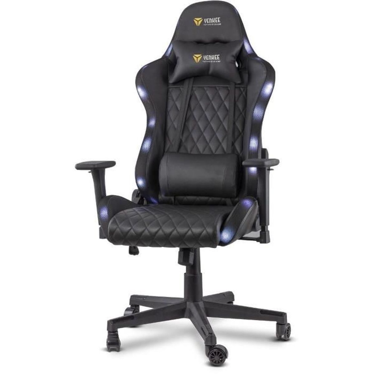 Silla gaming negra. Tiene respaldo y asiento acolchados con diamantes, con luces LED. Cuenta con reposacabezas y soporte lumbar.