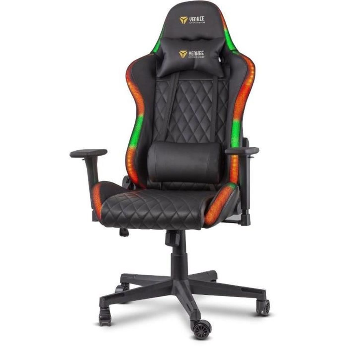 Silla gaming negra con luces LED rojas y verdes. Tiene reposacabezas, soporte lumbar, reposabrazos y una base de cinco estrellas con ruedas.