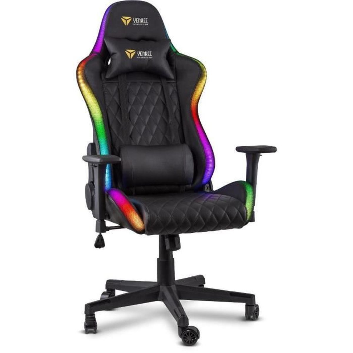 Silla gaming negra con luces LED, costuras de diamante y el logo 'Yenkee'. Tiene reposabrazos y reposacabezas, sobre una base con ruedas.