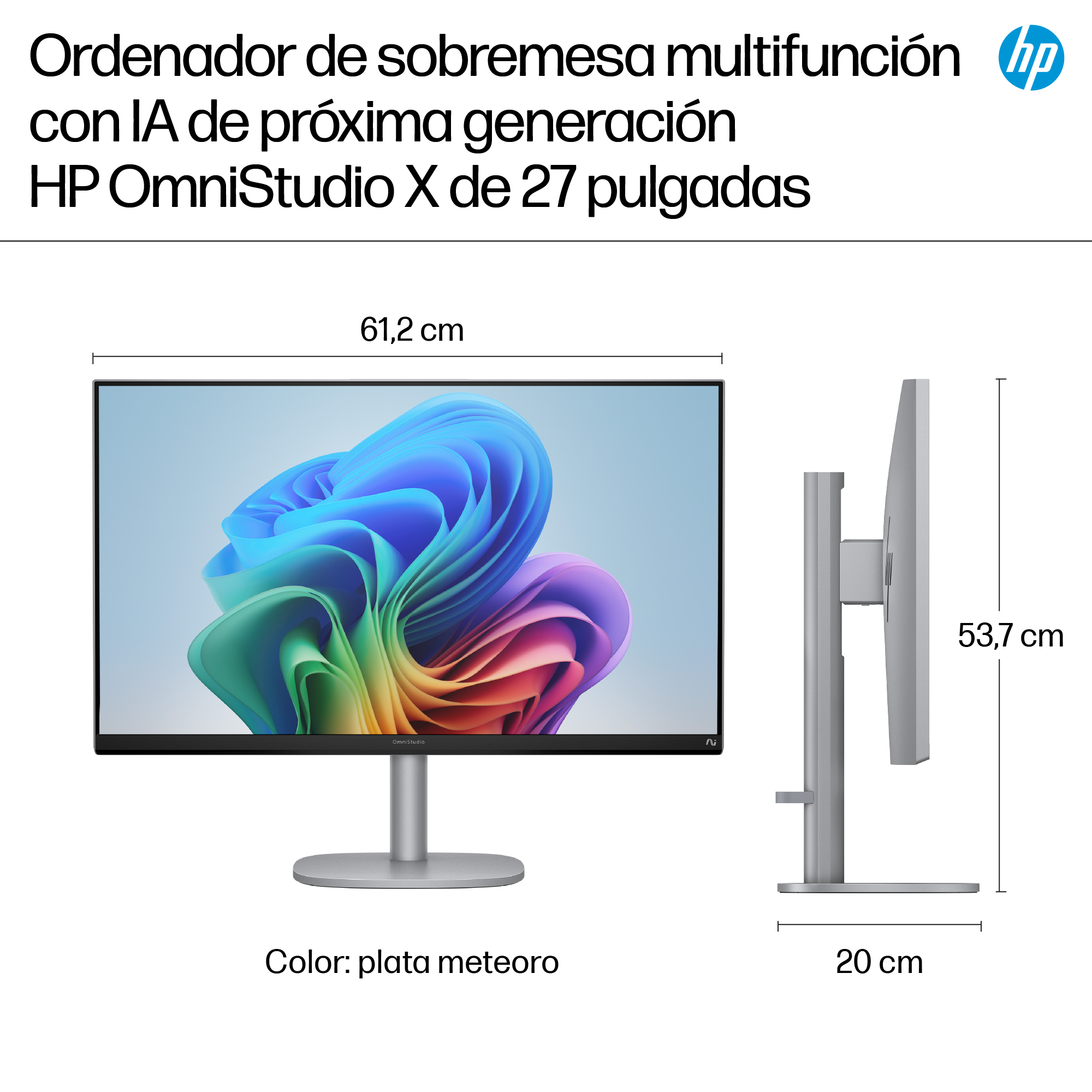 Monitor HP OmniStudio X da 27 pollici. Presenta un supporto argentato e uno schermo che mostra arte astratta colorata. Dimensioni visualizzate.