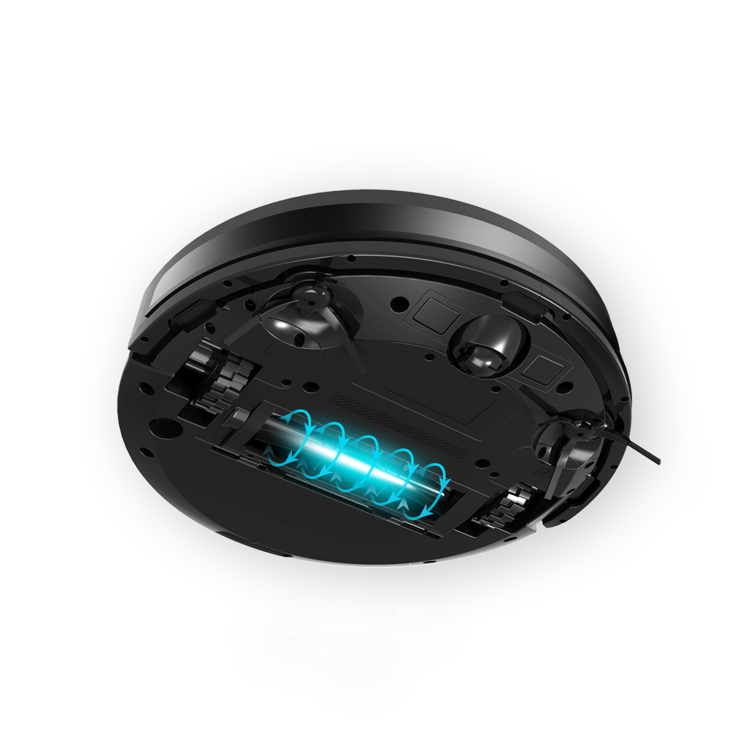 Vue de dessous d'un aspirateur robot noir, montrant les roues, les brosses et les composants internes avec un effet de nettoyage bleu.