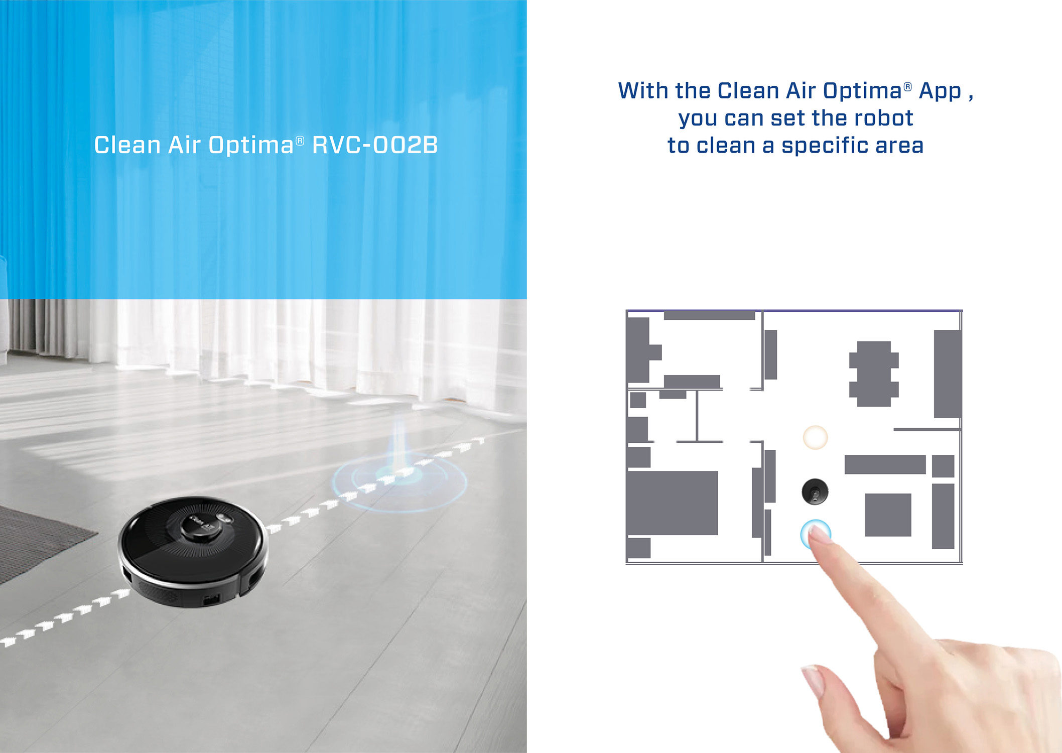 Un aspirateur robot noir nettoie un sol. Une main touche un plan pour définir une zone de nettoyage. L'image est une publicité.