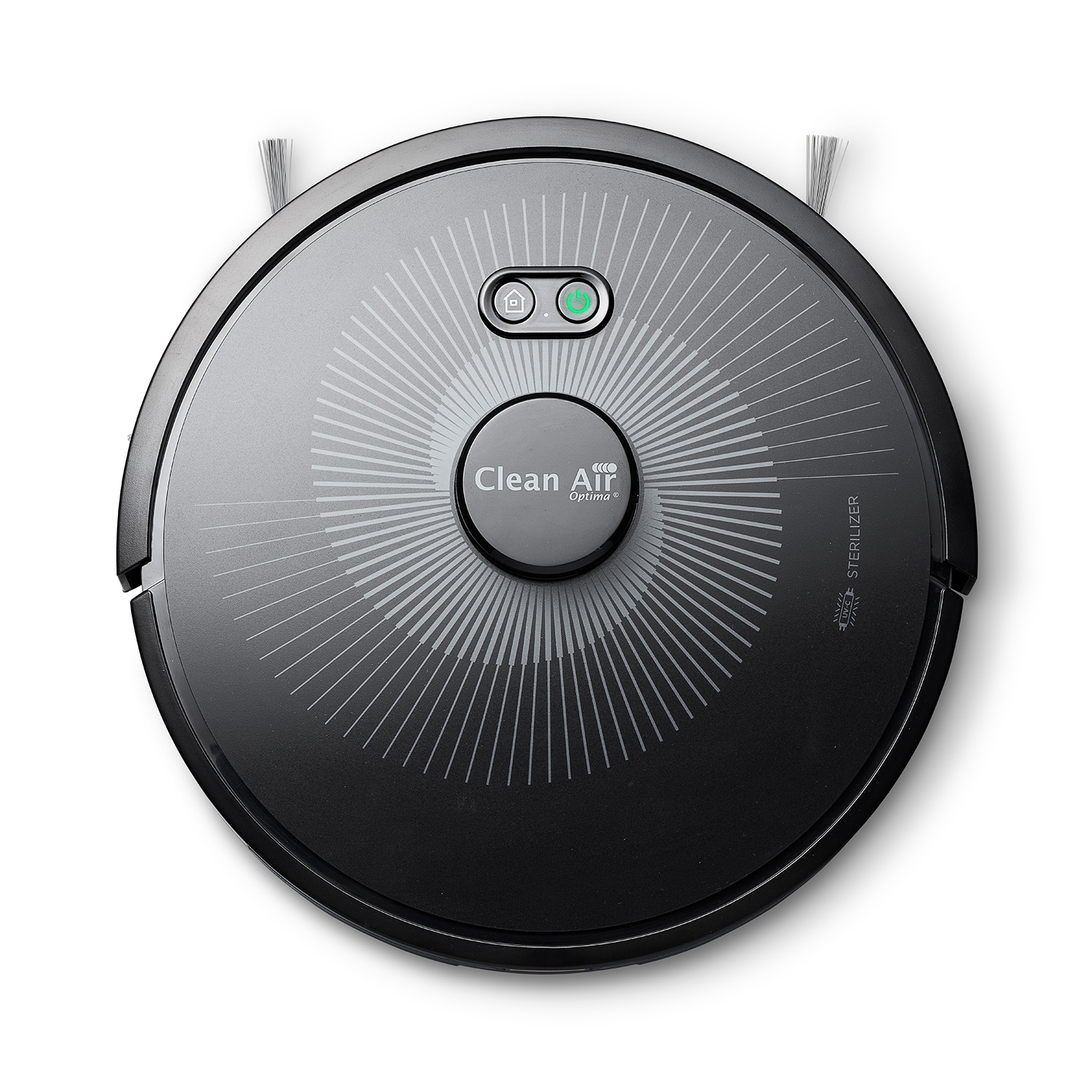 Un aspirateur robot noir et gris avec les mots "Clean Air Optima" et un bouton d'alimentation.
