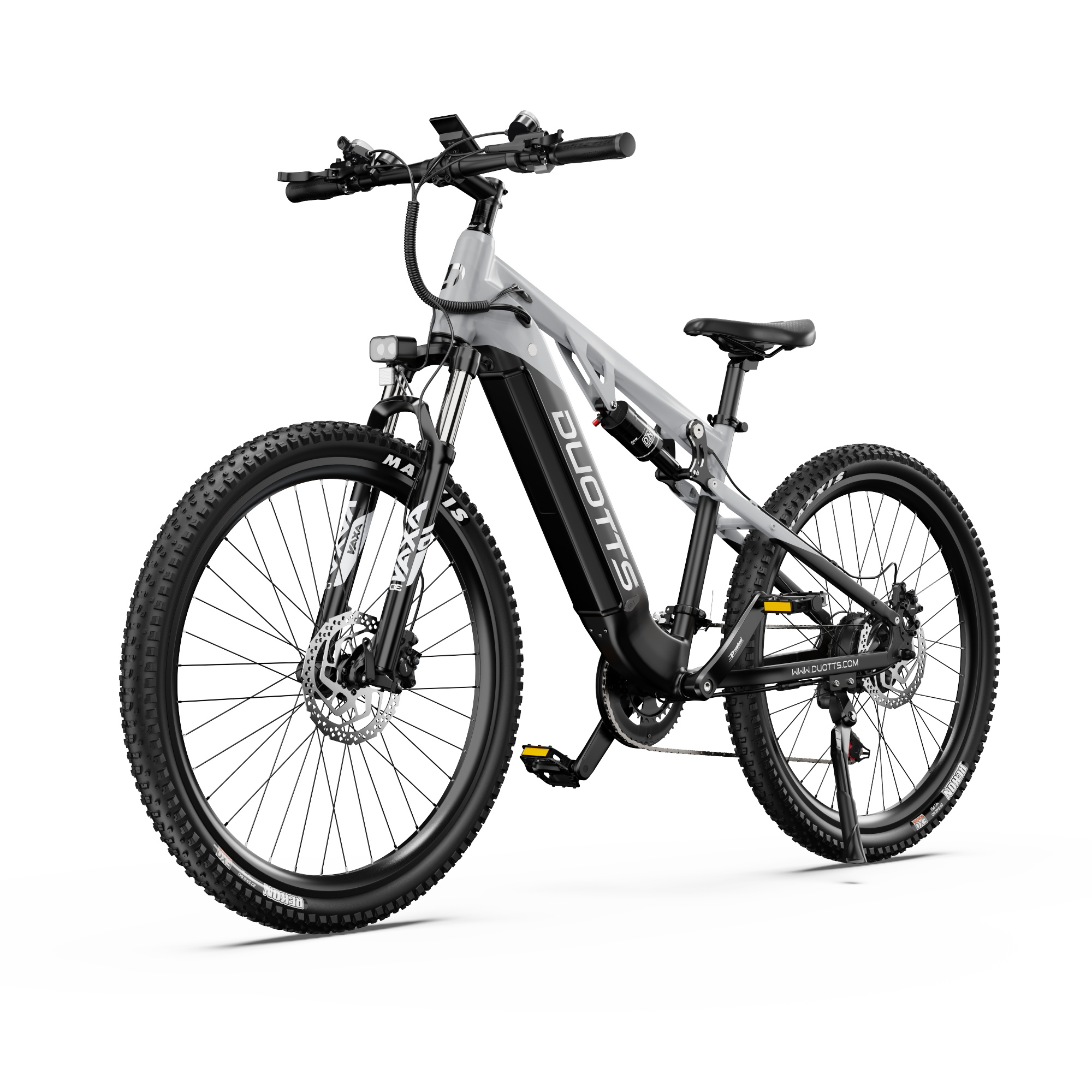 Una bicicleta de montaña eléctrica gris y negra, marca DUOTTS, sobre un fondo blanco. Tiene neumáticos grandes y frenos de disco.