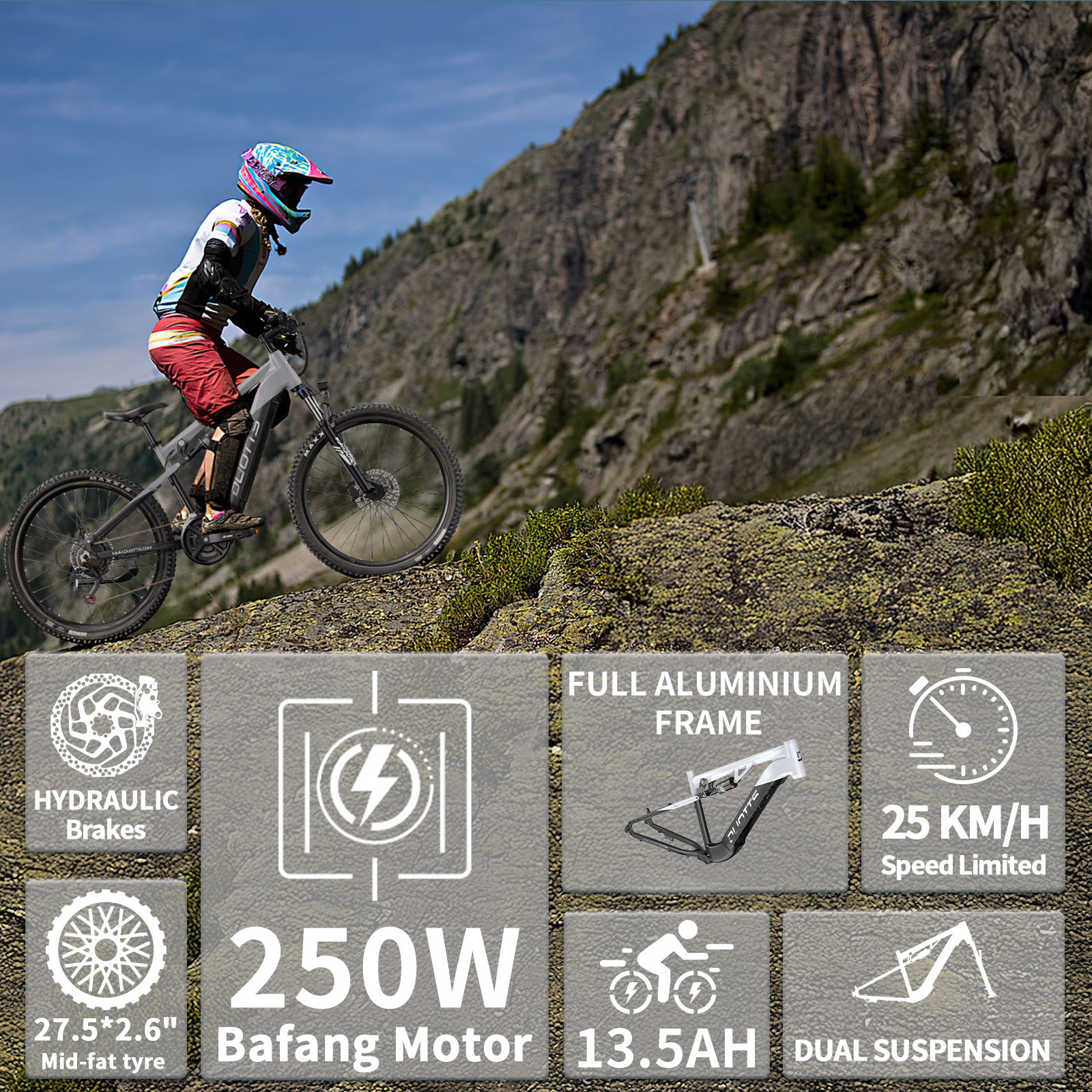 Una persona monta en bicicleta de montaña en terreno rocoso. La bicicleta tiene cuadro de aluminio, frenos hidráulicos y motor Bafang de 250W.