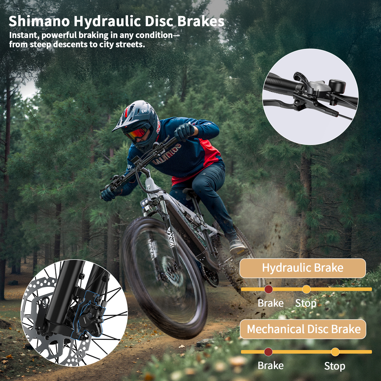 Un ciclista en una bicicleta de montaña frena en un bosque. La imagen muestra frenos de disco hidráulicos Shimano y frenos de disco mecánicos.