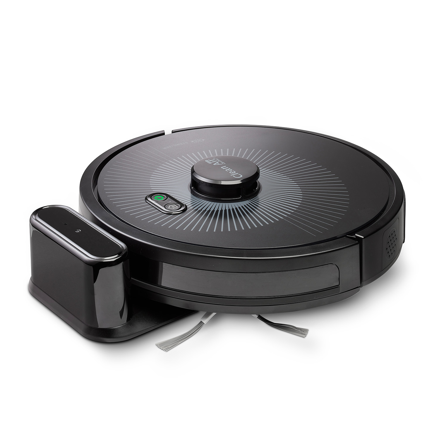 Un aspirateur robot noir avec une station de charge. L'aspirateur a un design circulaire et un bouton. Il est sur fond blanc.