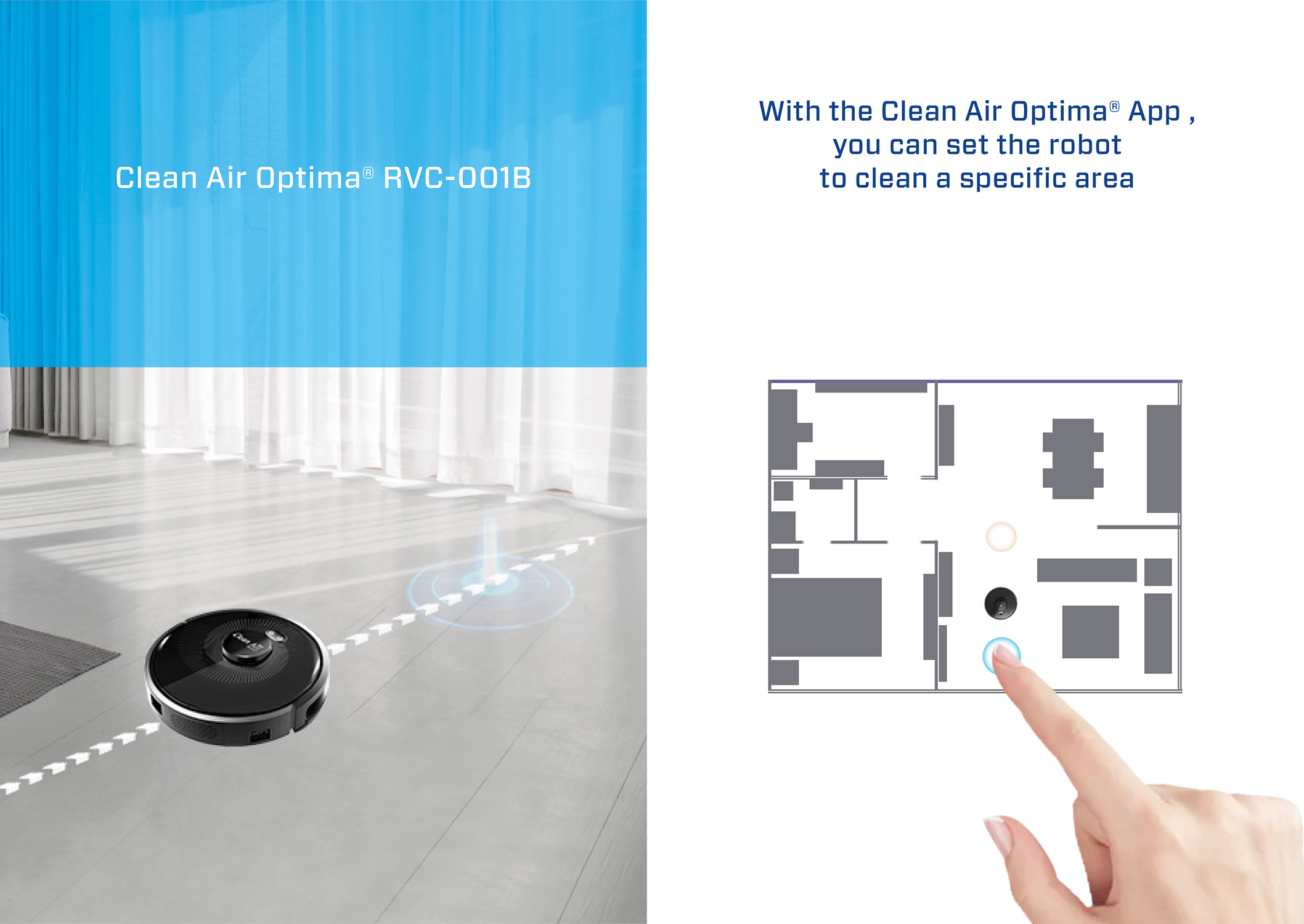 Un aspirateur robot sur un sol. Une zone bleue est mise en évidence et un doigt pointe vers un plan.