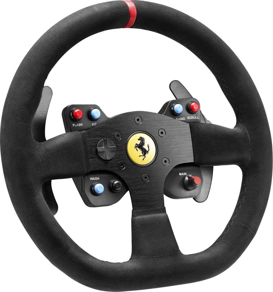 Schwarzes Ferrari-Rennlenkrad mit Knöpfen. Roter Streifen oben. Gelbes Ferrari-Logo in der Mitte. Knöpfe beschriftet: Flash, Pit, Wash, Radio, Main.