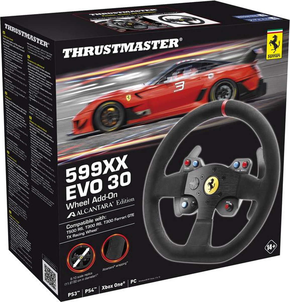 Box zeigt ein Thrustmaster-Rennlenkrad. Das Bild zeigt einen Ferrari und ein Lenkrad. Details umfassen Alcantara und Konsolenkompatibilität.