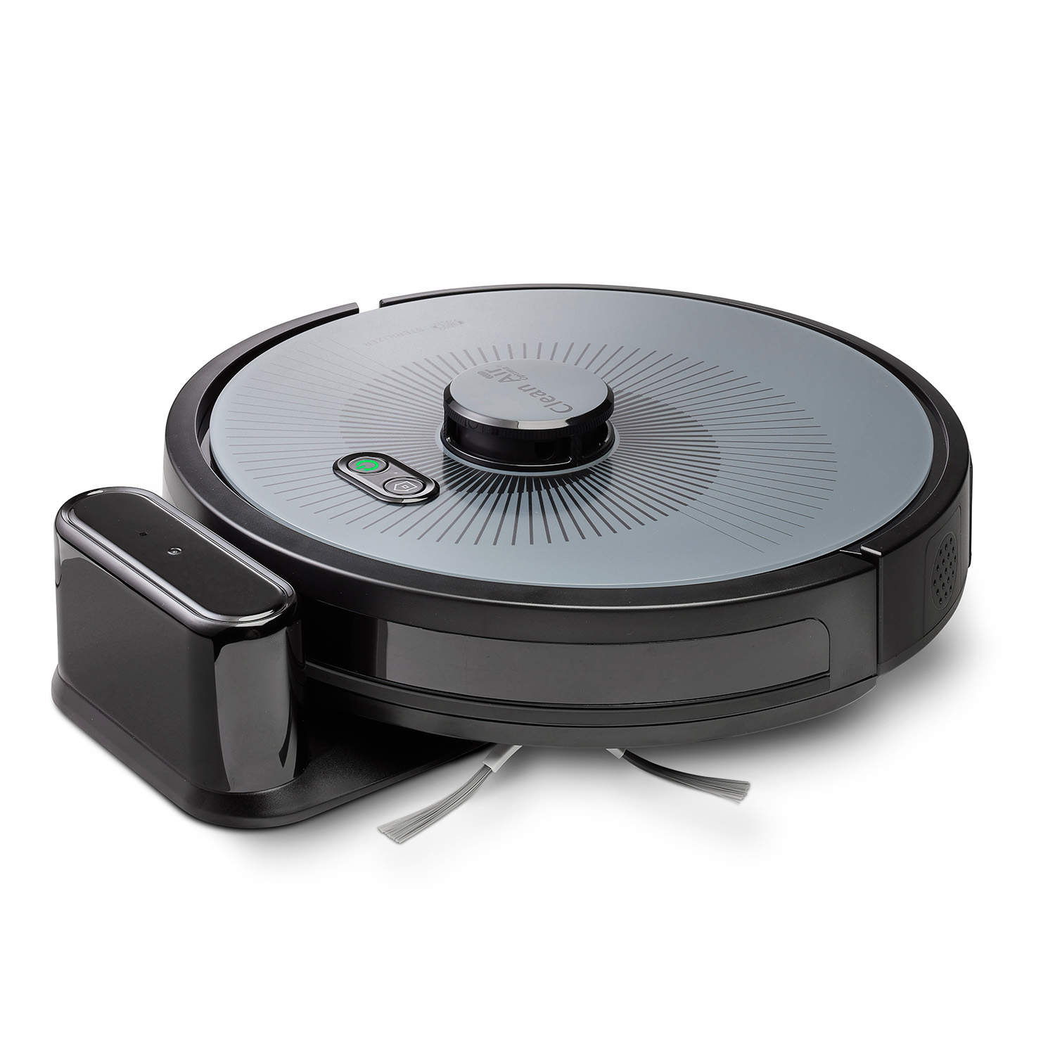 Un aspirateur robot. Il est noir et gris avec une station de charge. Le dessus a un couvercle circulaire gris.