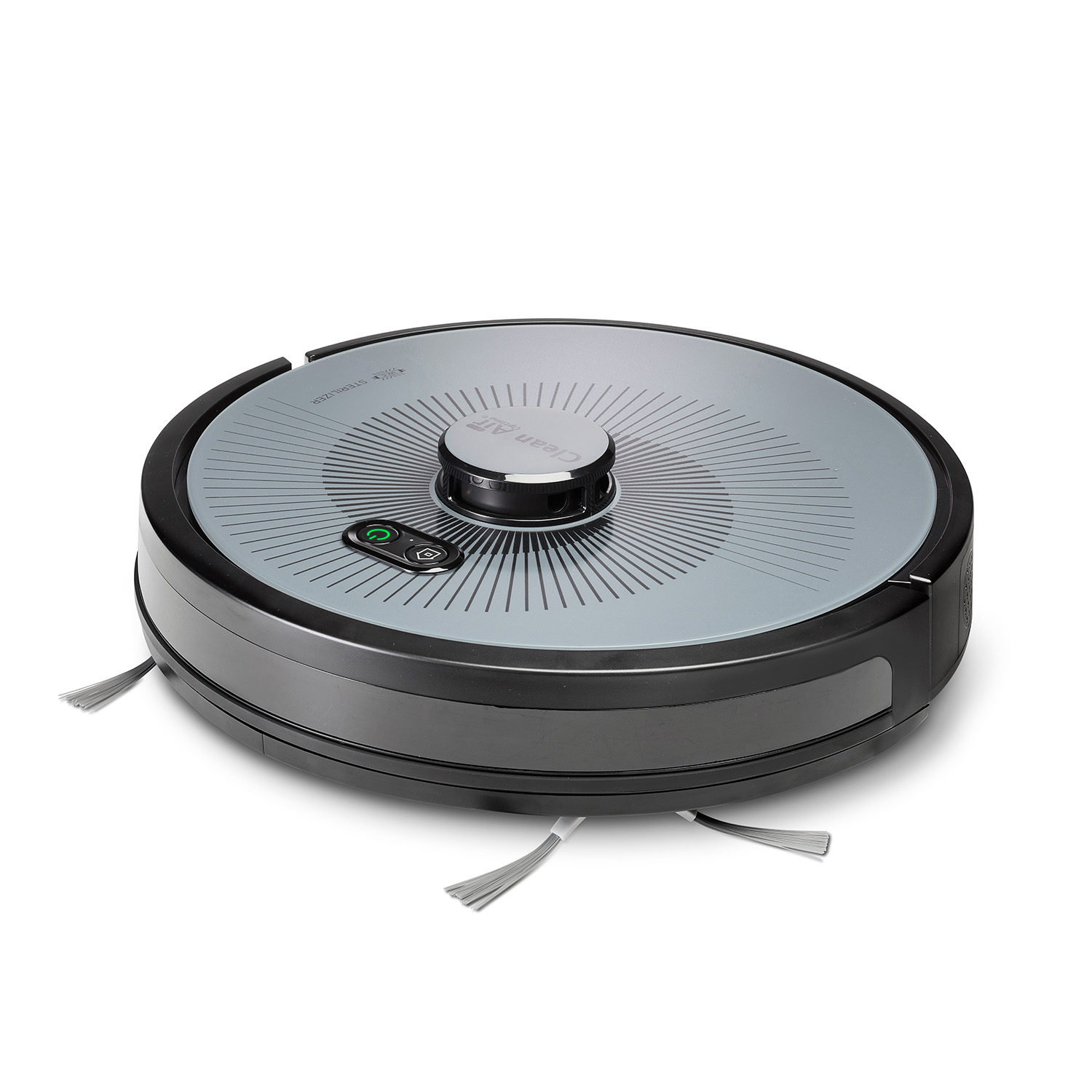 Un aspirateur robot rond, noir et gris sur une surface blanche. Il a un panneau de commande central et des brosses latérales.