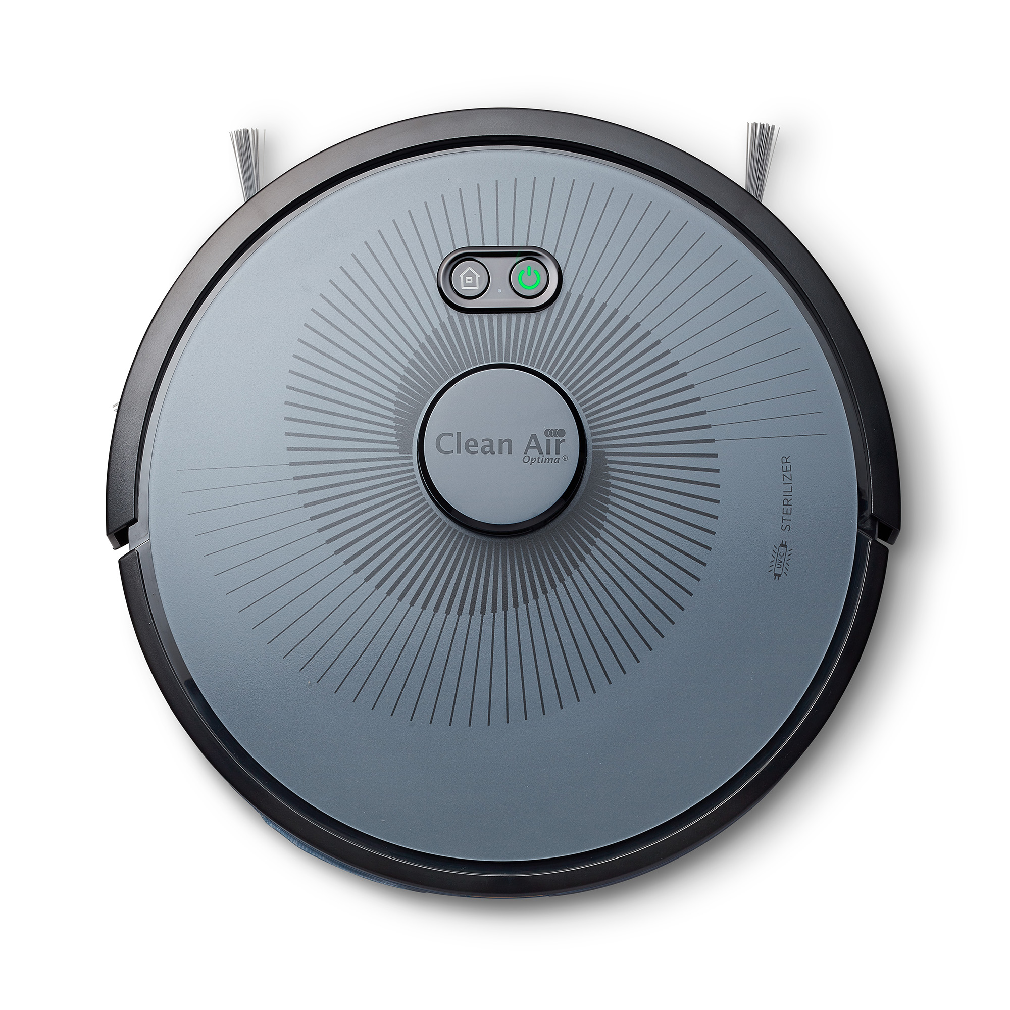 Un aspirateur robot rond et gris avec des brosses, des boutons et les mots Clean Air Optima. Fond blanc.