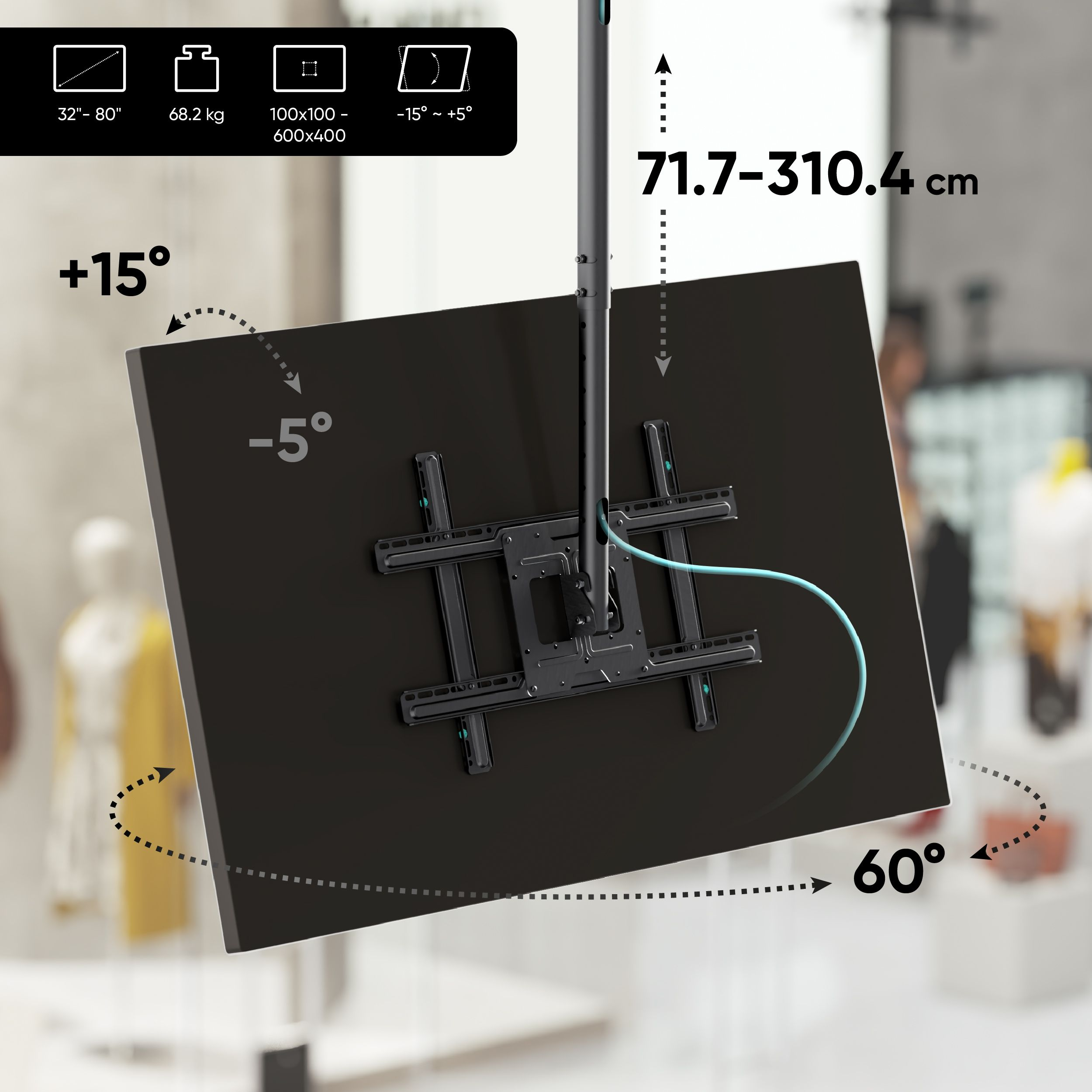 Un supporto TV nero con specifiche, montato su un palo. Ha opzioni di inclinazione e rotazione. L'altezza è 71,7-310,4 cm.