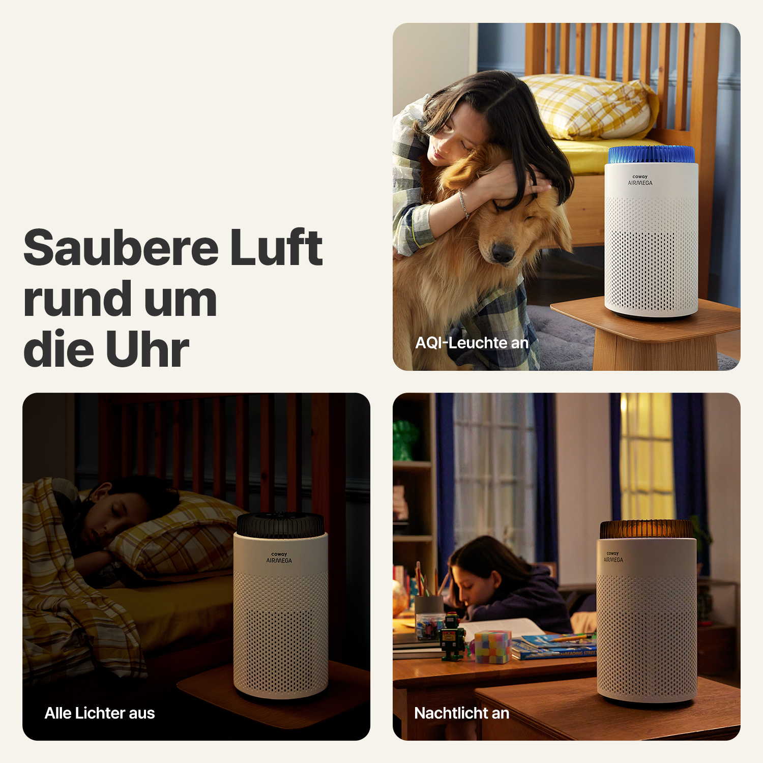 Das Bild zeigt einen Luftreiniger in verschiedenen Umgebungen. Eine Frau umarmt einen Hund, ein Kind schläft und ein anderes lernt, alles mit dem Reiniger.