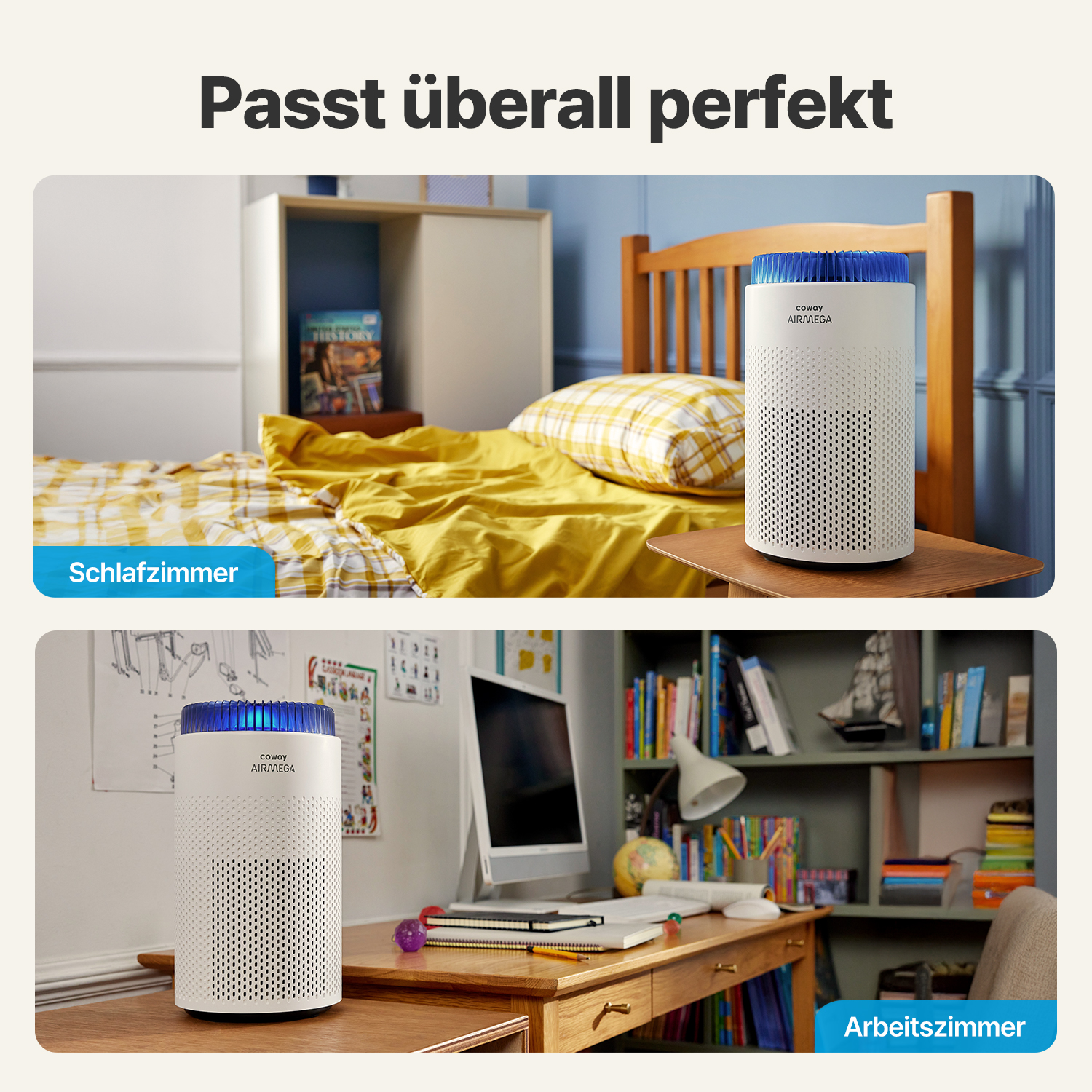 Ein Luftreiniger in zwei Umgebungen: Schlafzimmer und Büro. Zeigt ein Bett und einen Schreibtisch mit Büchern. Der Reiniger ist weiß mit blauem Deckel.