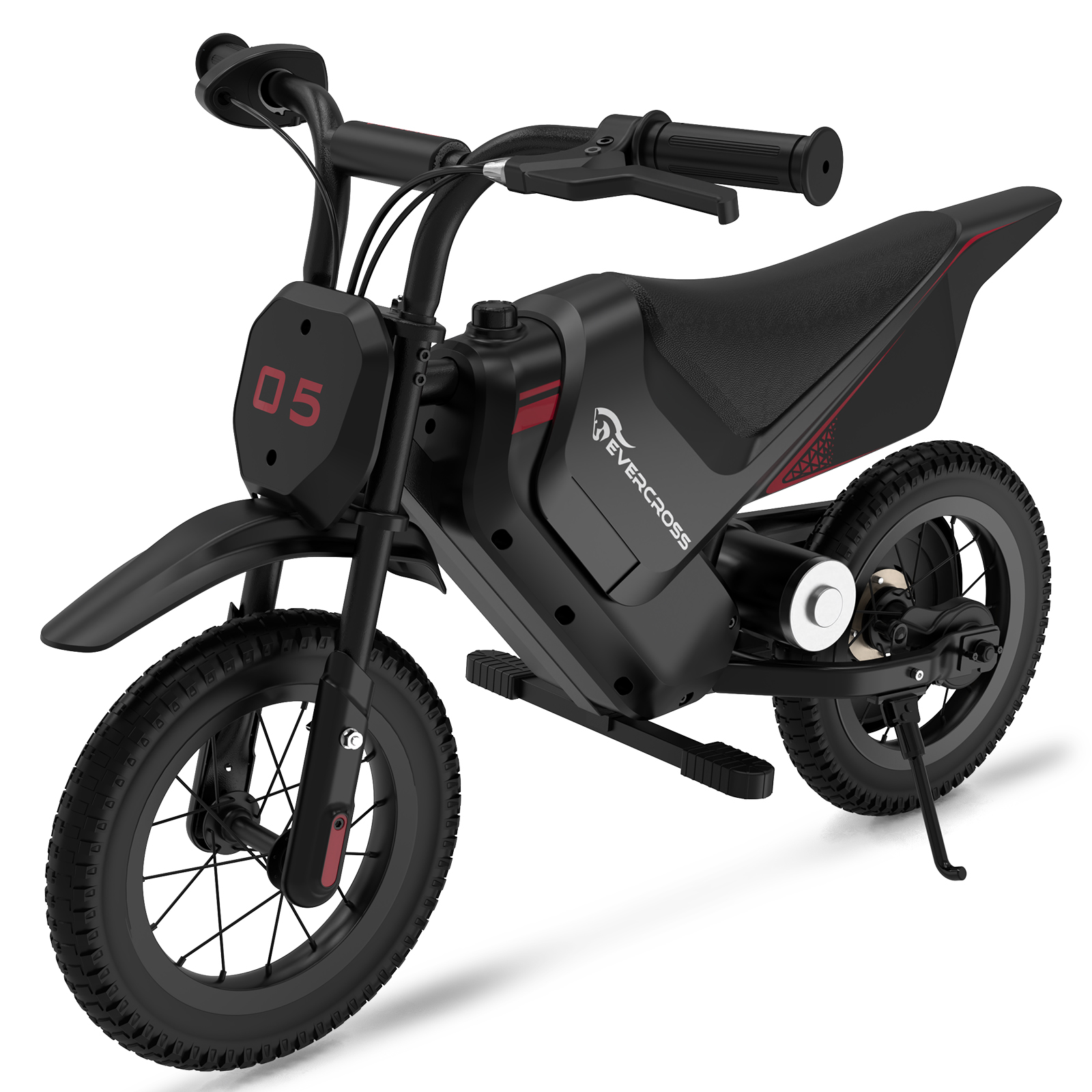 Moto électrique noire avec des touches de rouge et le numéro 05. Elle a des pneus noirs et une selle noire. La marque est Evercross.