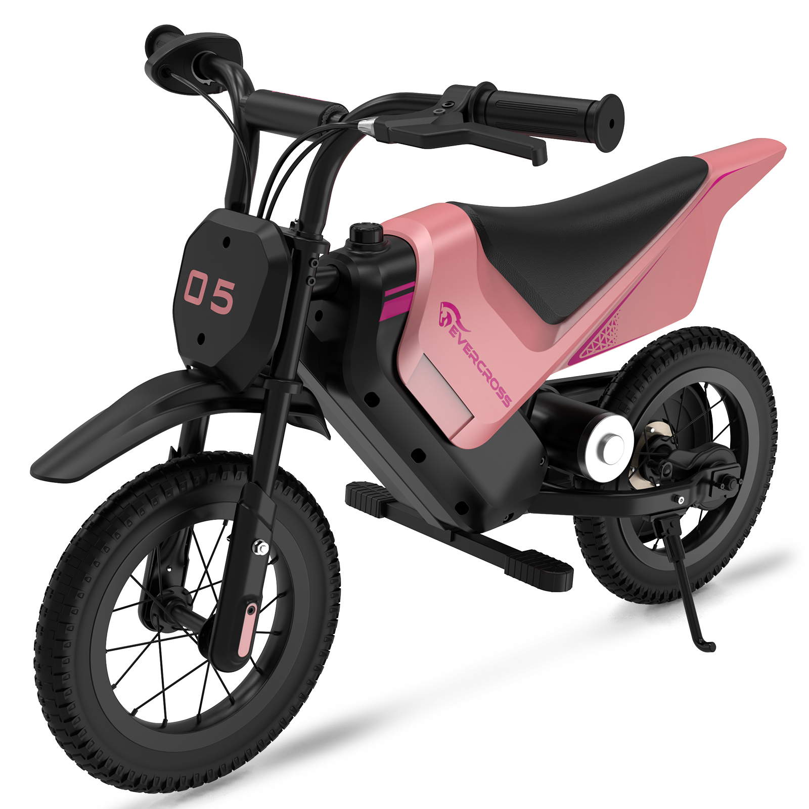 Moto électrique rose et noire avec le numéro 05 à l'avant. La marque est Evercross.