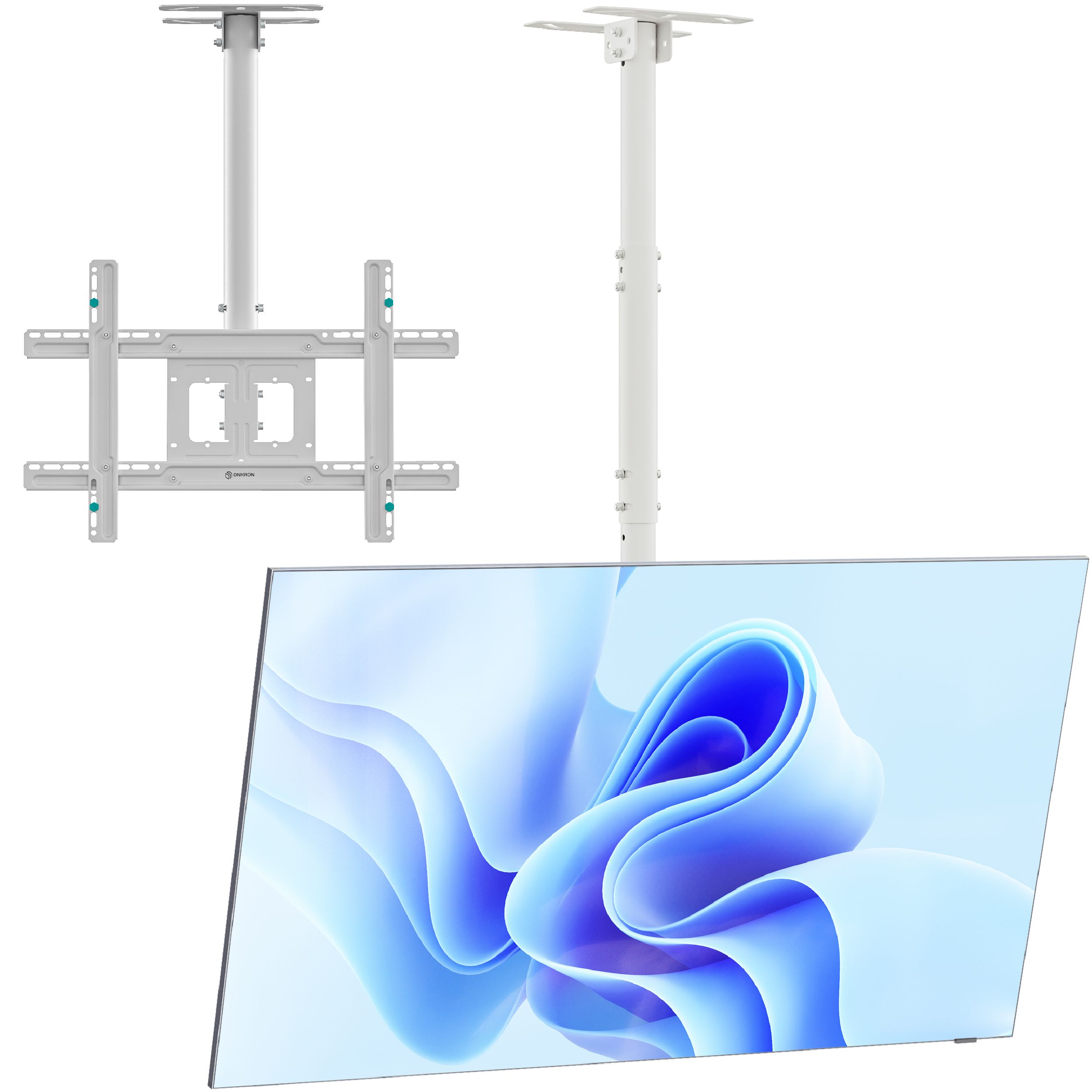 Un supporto a soffitto bianco sostiene un televisore che mostra un design astratto blu e bianco. Il supporto ha bracci regolabili.