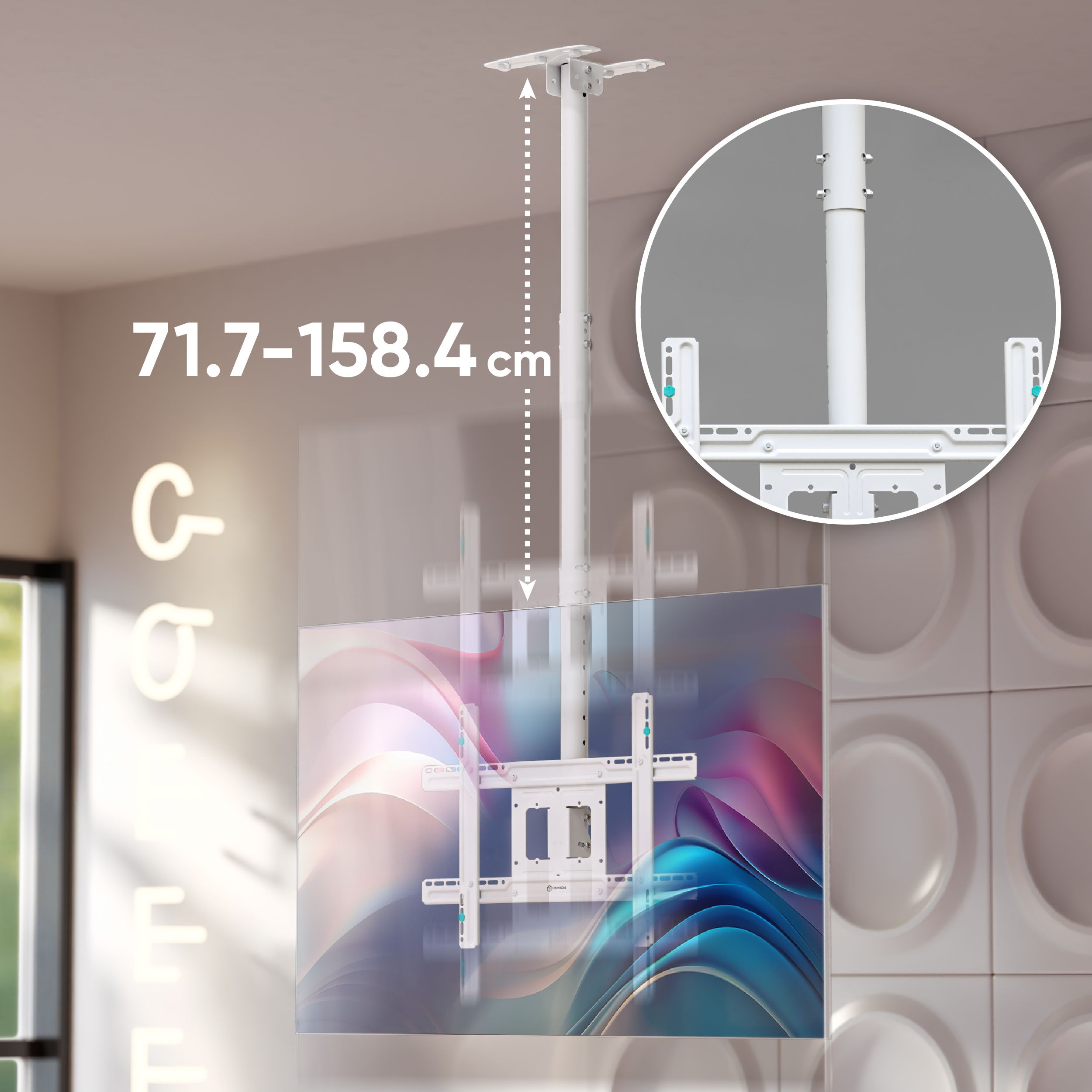 È mostrato un supporto TV a soffitto bianco, con TV collegata. L'altezza del supporto è regolabile tra 71,7-158,4 cm.