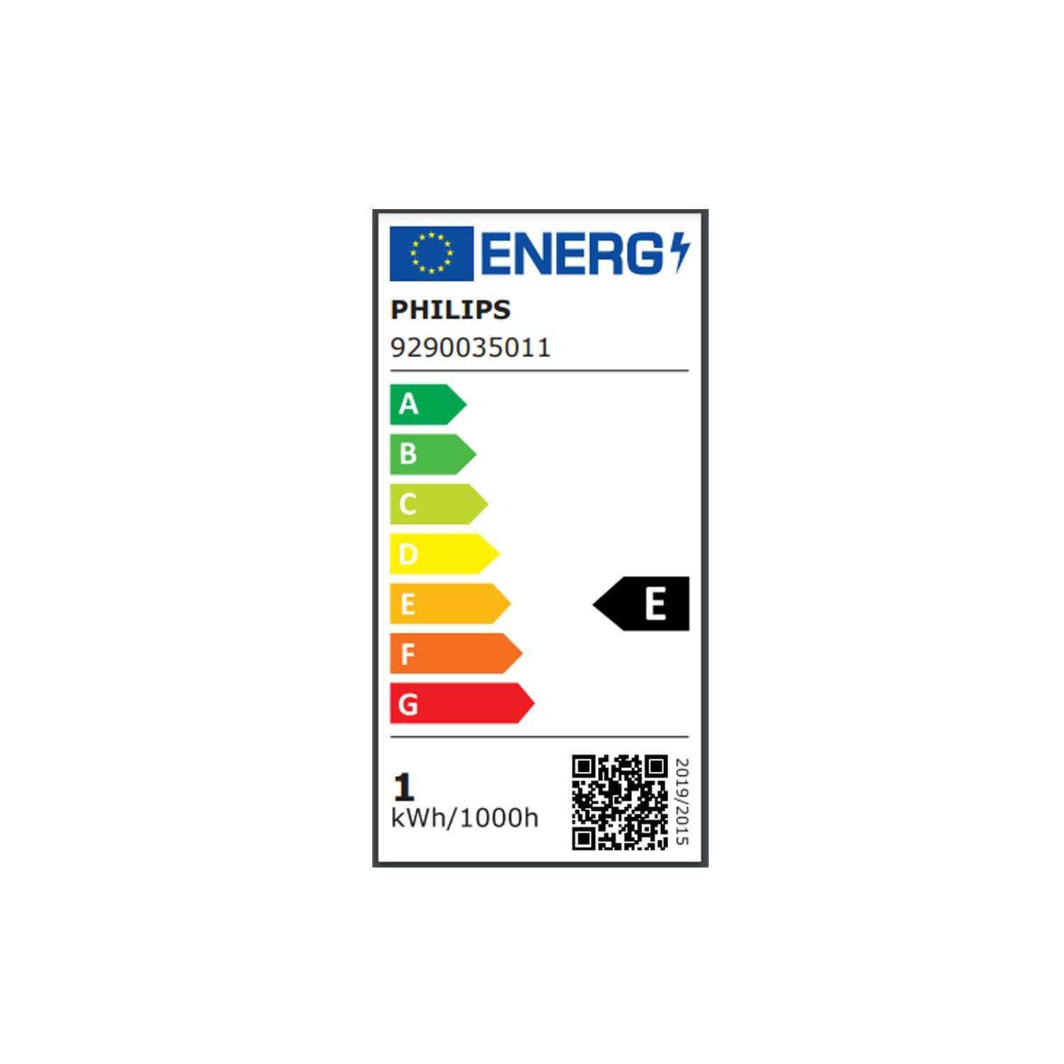 Energielabel. Witte achtergrond met tekst en gekleurde balken die de energie-efficiëntie aangeven. Bevat QR-code en Philips-logo.