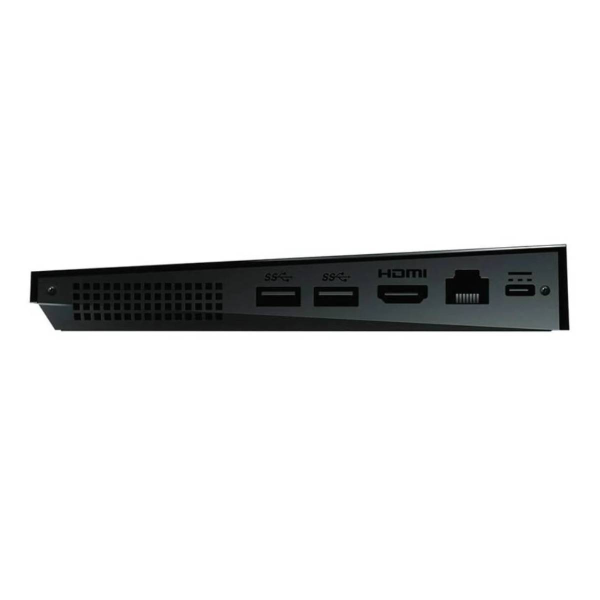 Ein schwarzes Gerät, von der Seite gesehen, mit mehreren Anschlüssen, beschriftet mit SS, HDMI und Ethernet. Es hat Lüftungslöcher.