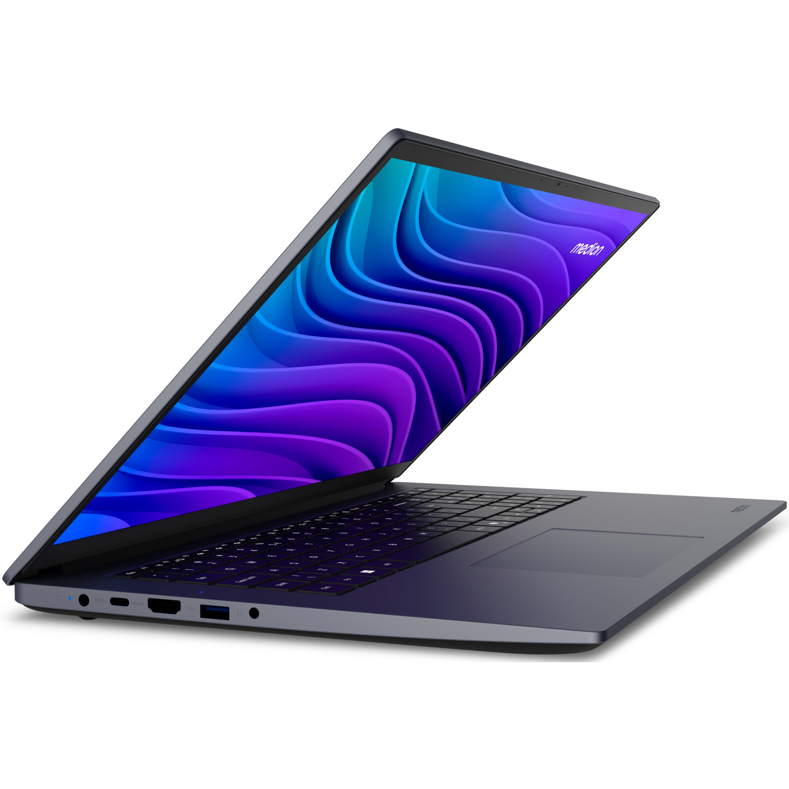 Ein dunkelgrauer Laptop mit einem lebendigen blau-violetten Wellendesign auf dem Bildschirm ist leicht geöffnet.