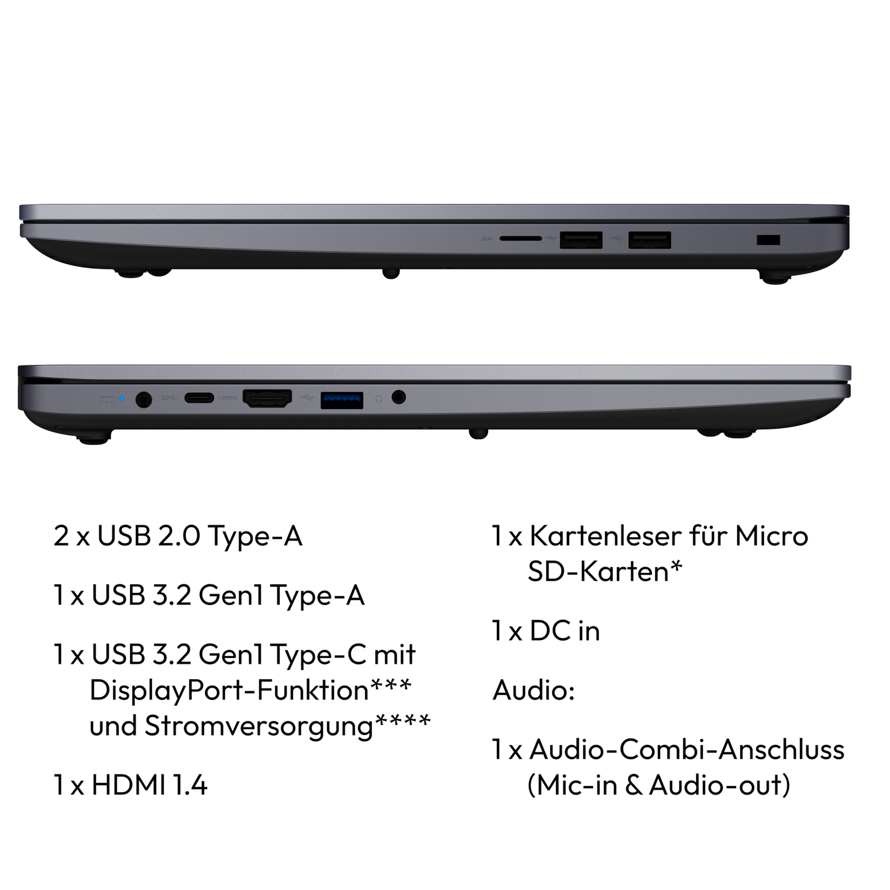 Seitenansicht des Laptops mit Anschlüssen: USB, HDMI, SD-Kartenleser, Audioanschluss und Stromeingang.